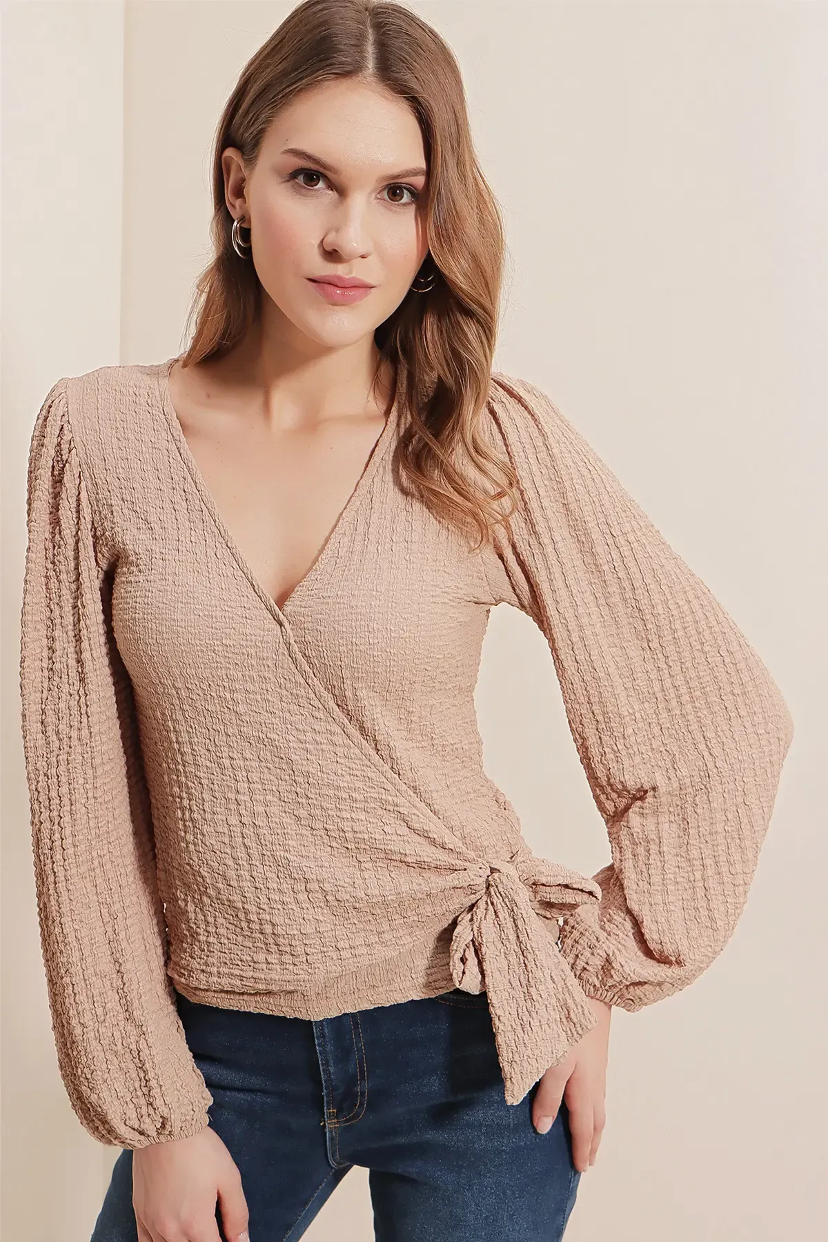 0441 Anvelop Örme Bluz - Bej