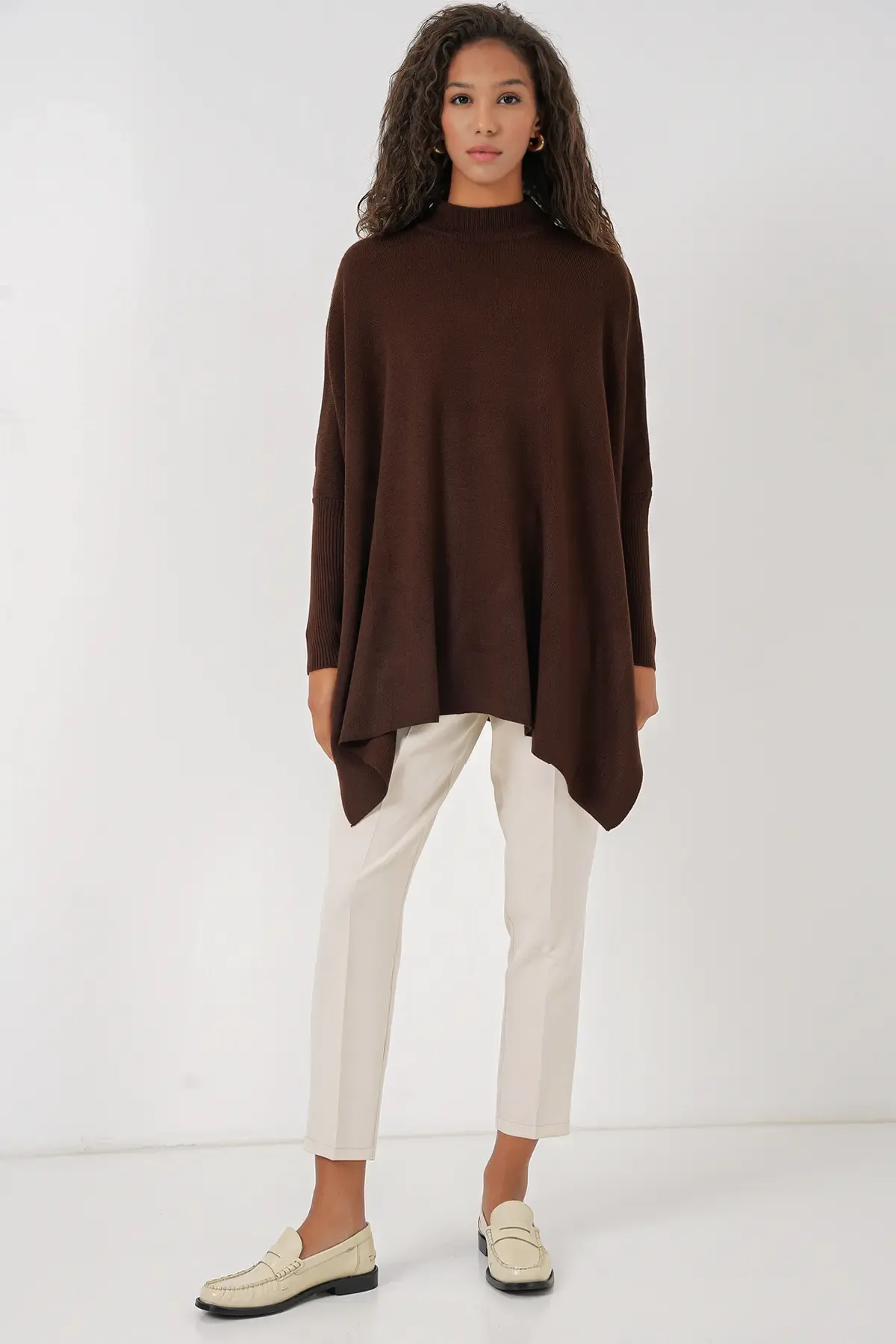 15783 Yırtmaçlı Panço Kazak - Kahverengi