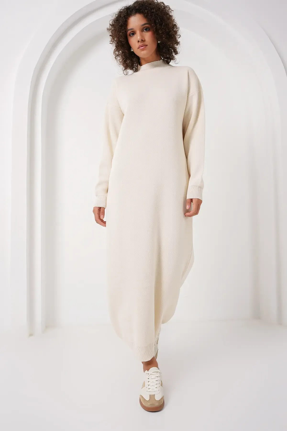 15890 Uzun Triko Elbise - D.Krem