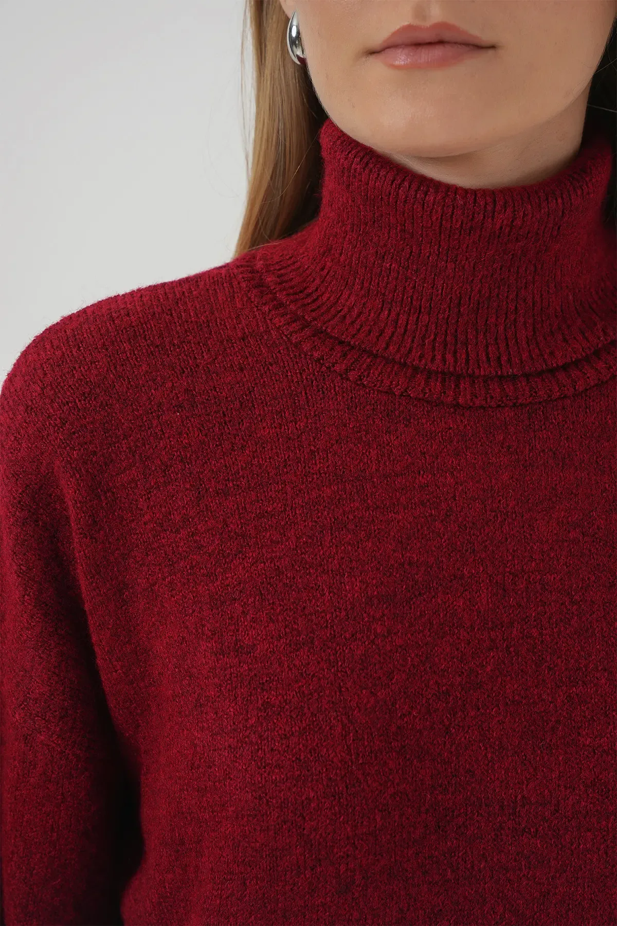 15917 Kadın Balıkçı Yaka Oversize Triko Kazak - Kırmızı