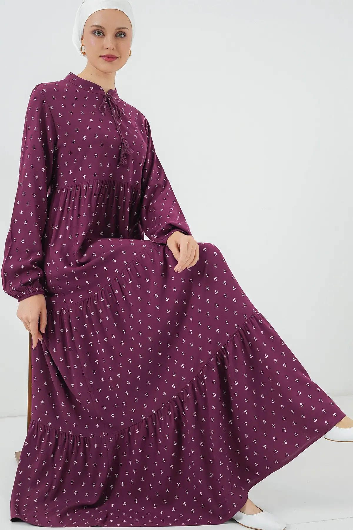 1627 Yaka Bağcıklı Tesettür Elbise - Çapa Mor