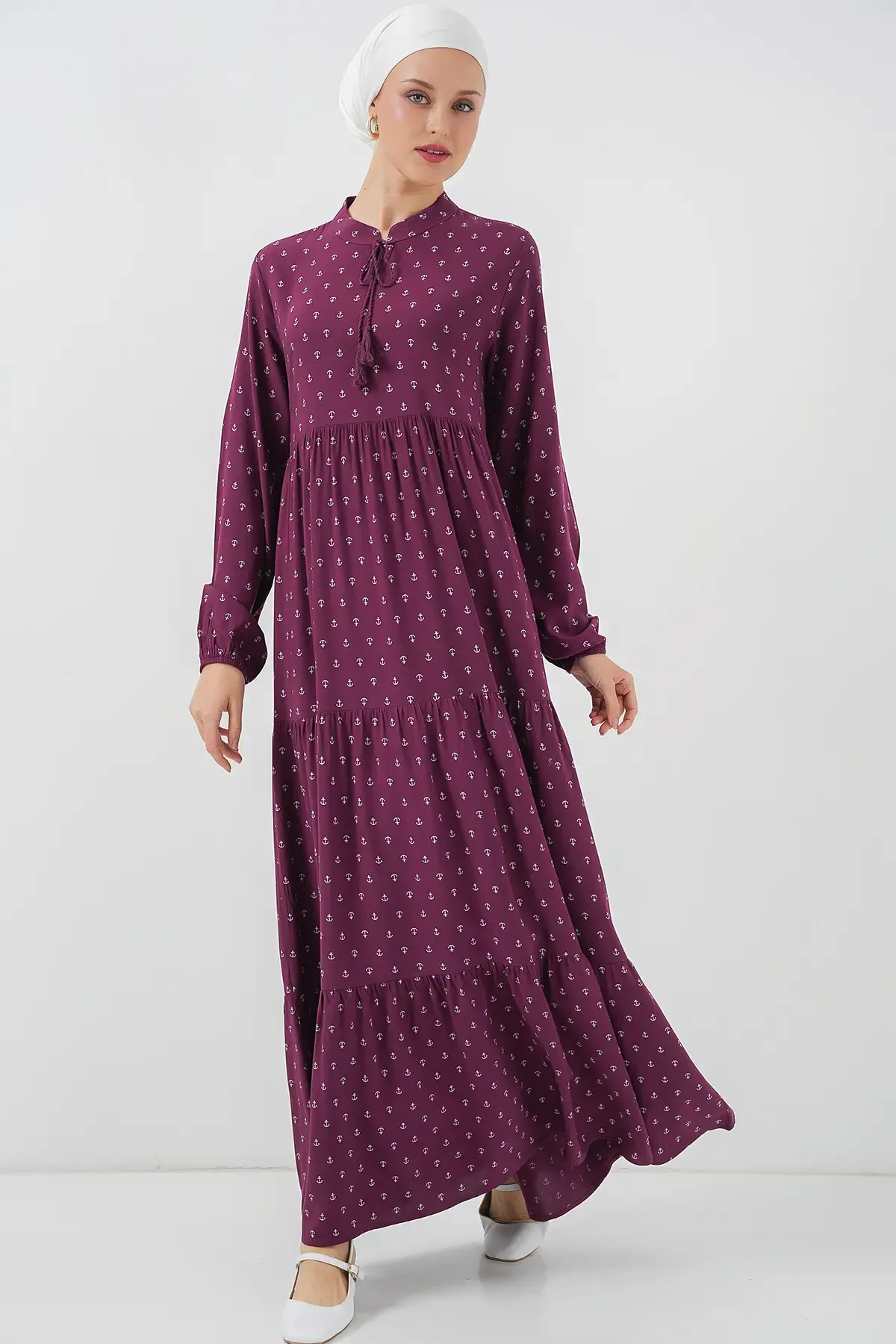 1627 Yaka Bağcıklı Tesettür Elbise - Çapa Mor