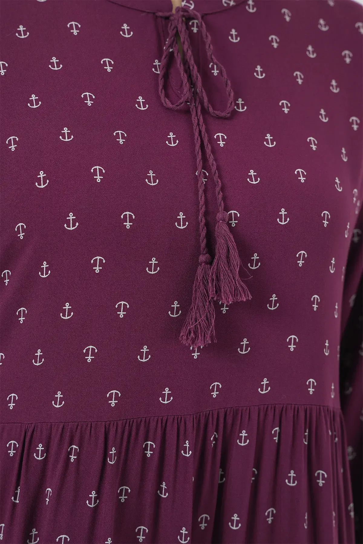 1627 Yaka Bağcıklı Tesettür Elbise - Çapa Mor