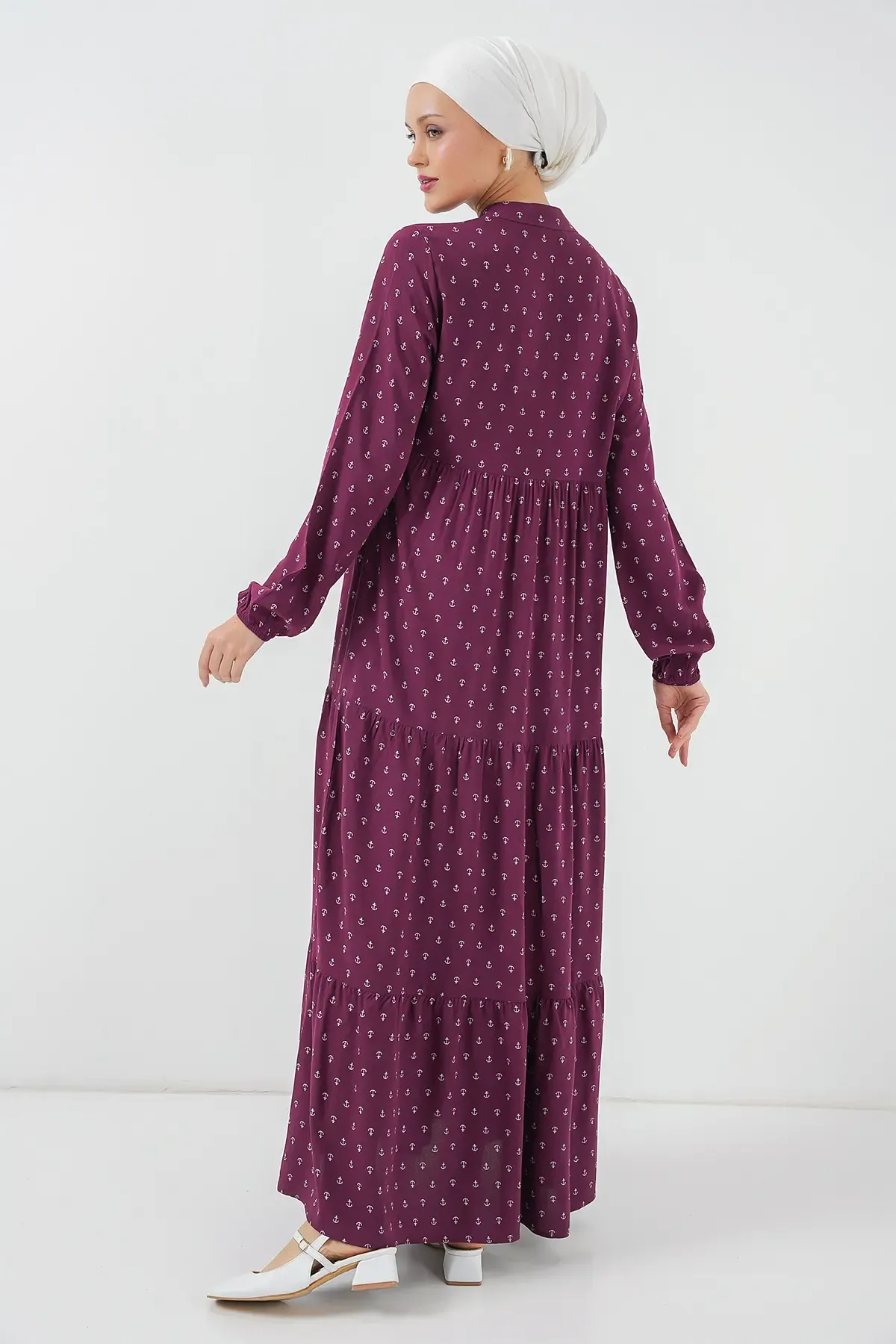 1627 Yaka Bağcıklı Tesettür Elbise - Çapa Mor