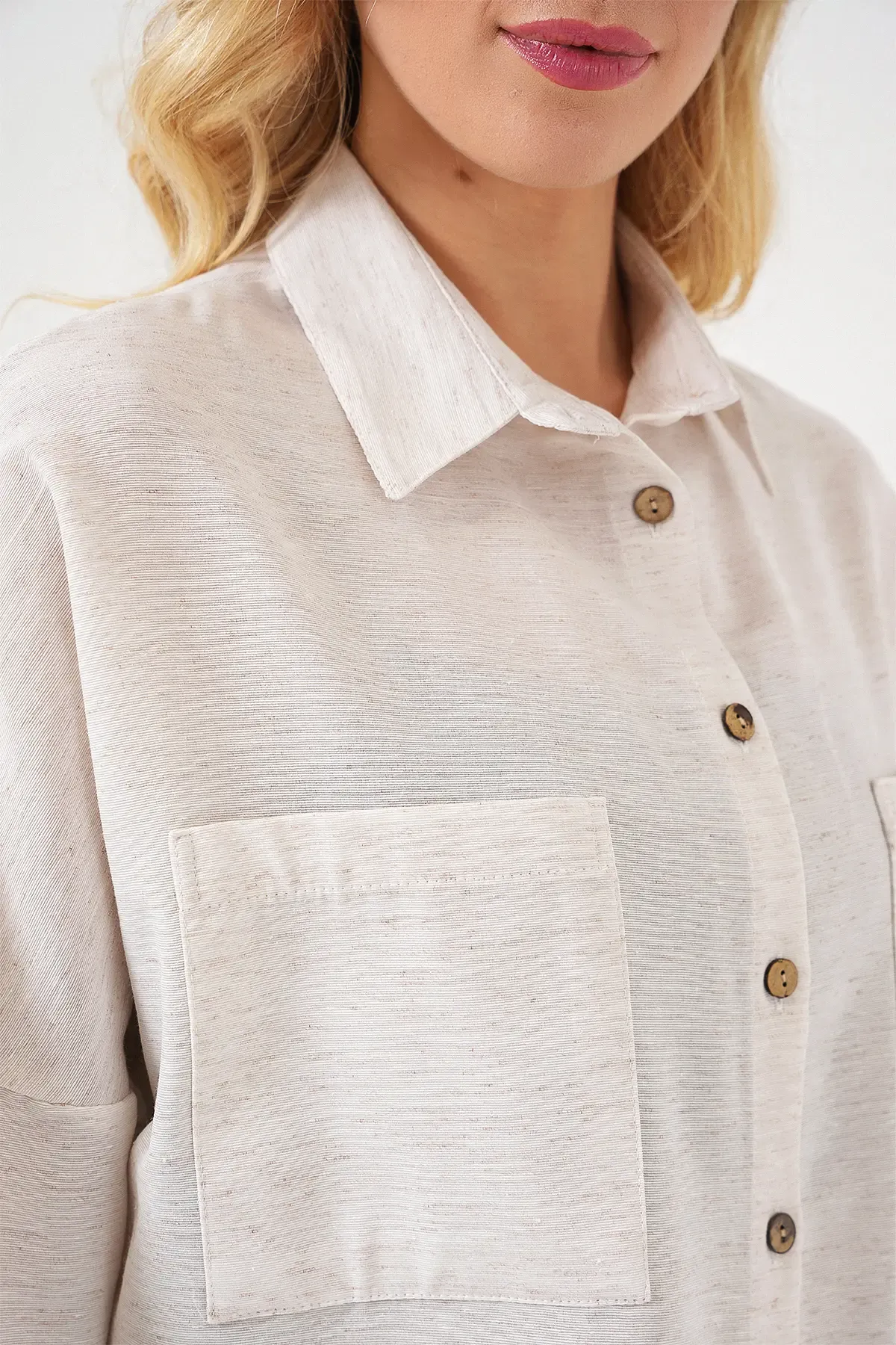 20126 Oversize Keten Gömlek - Beyaz
