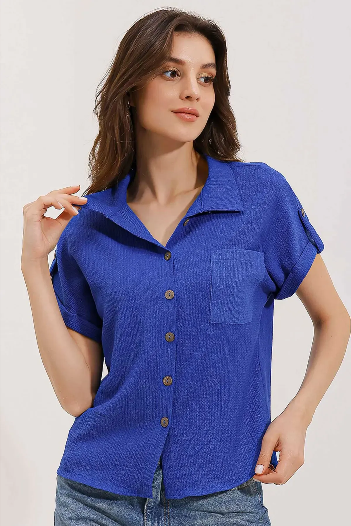 20187 Kısa Kol Oversize Örme Gömlek - Saks