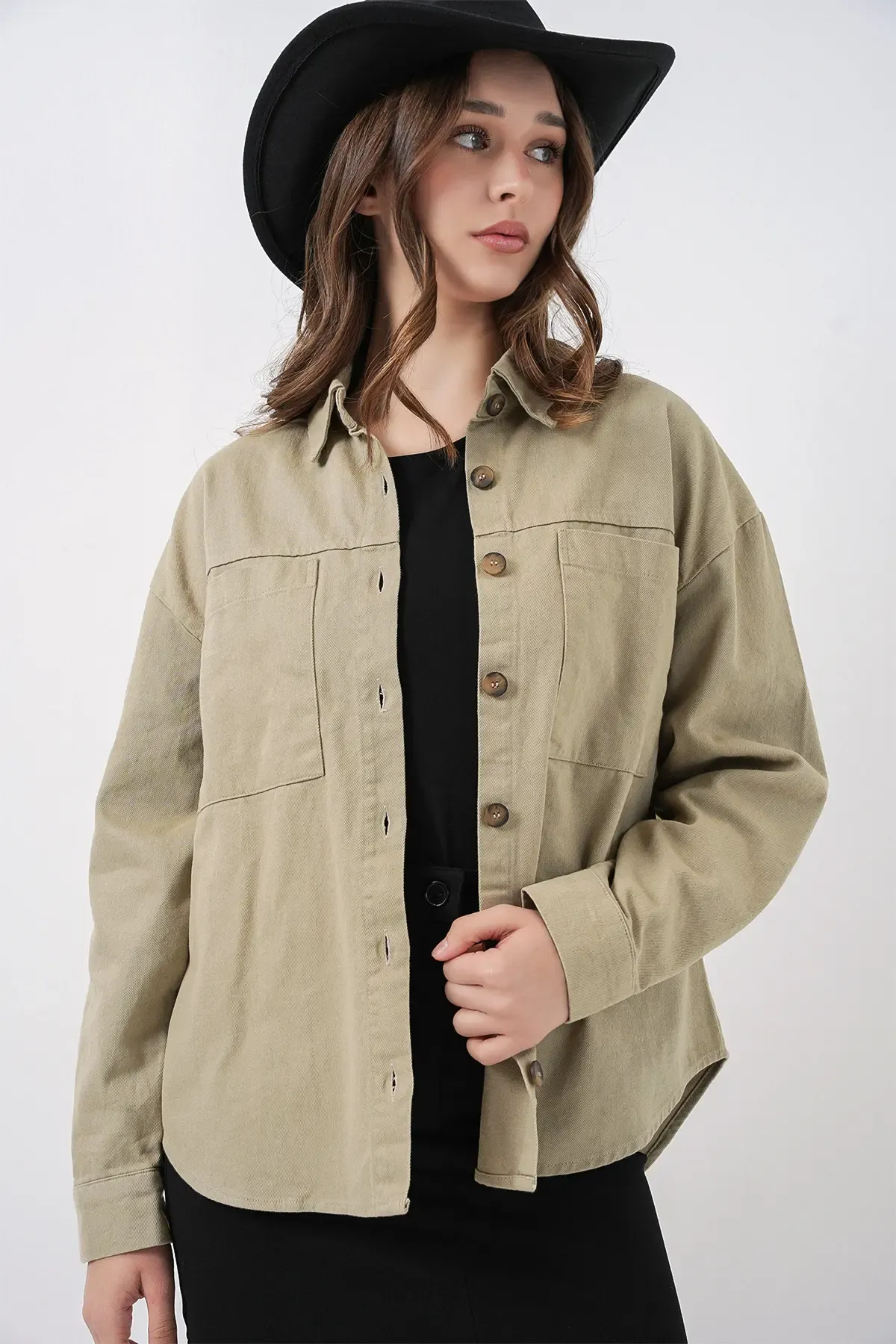 20192 Oversize Gabardin Gömlek Ceket - Haki