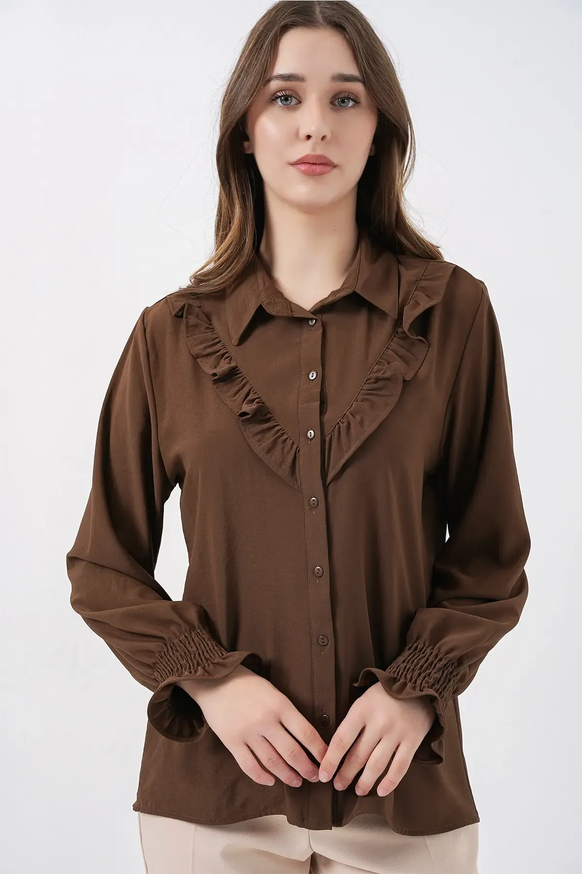 20223 Fırfırlı Uzun Kol Gömlek - Kahverengi