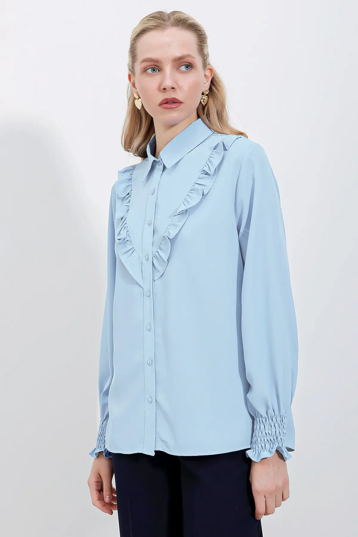20223 Fırfırlı Uzun Kol Gömlek - Mavi