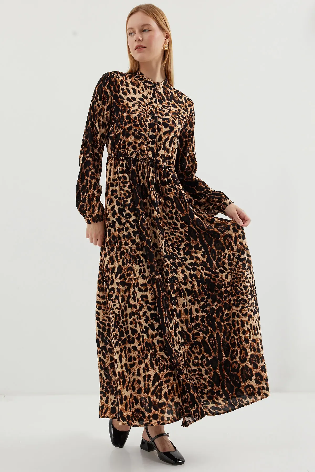 2144 Hakim Yaka Tesettür Elbise - A.Kahve