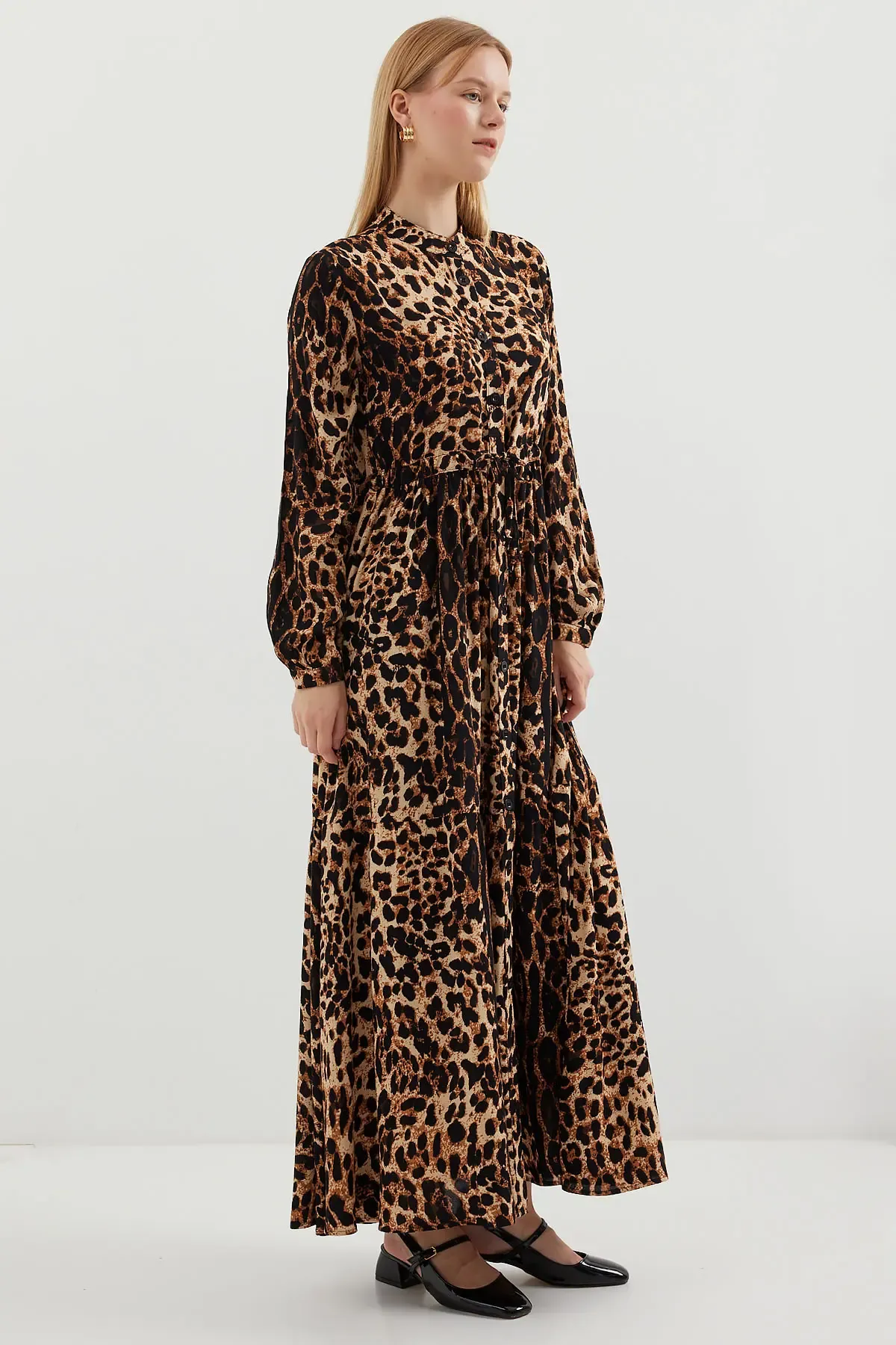 2144 Hakim Yaka Tesettür Elbise - A.Kahve