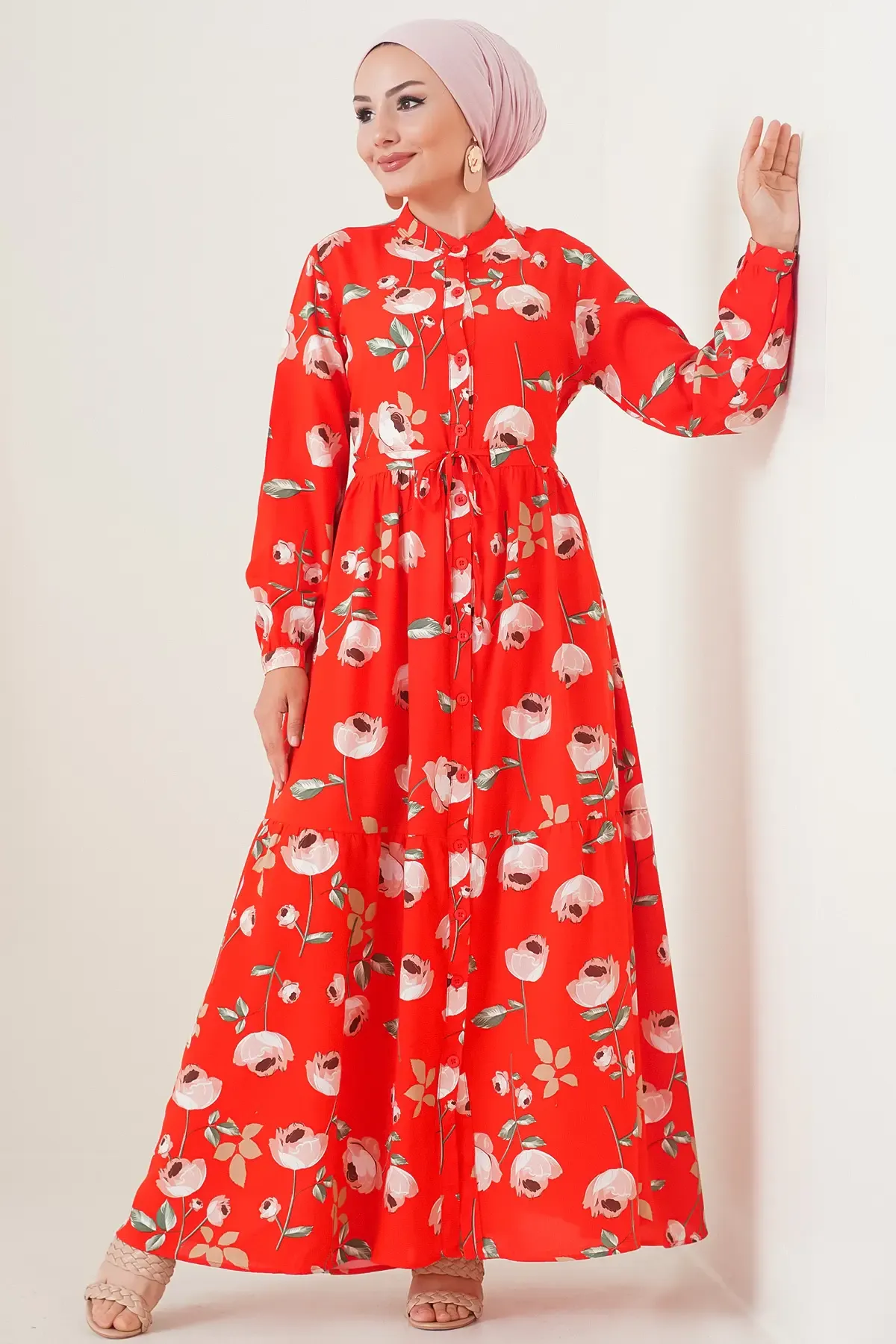 2144 Hakim Yaka Tesettür Elbise - C.Kırmızı