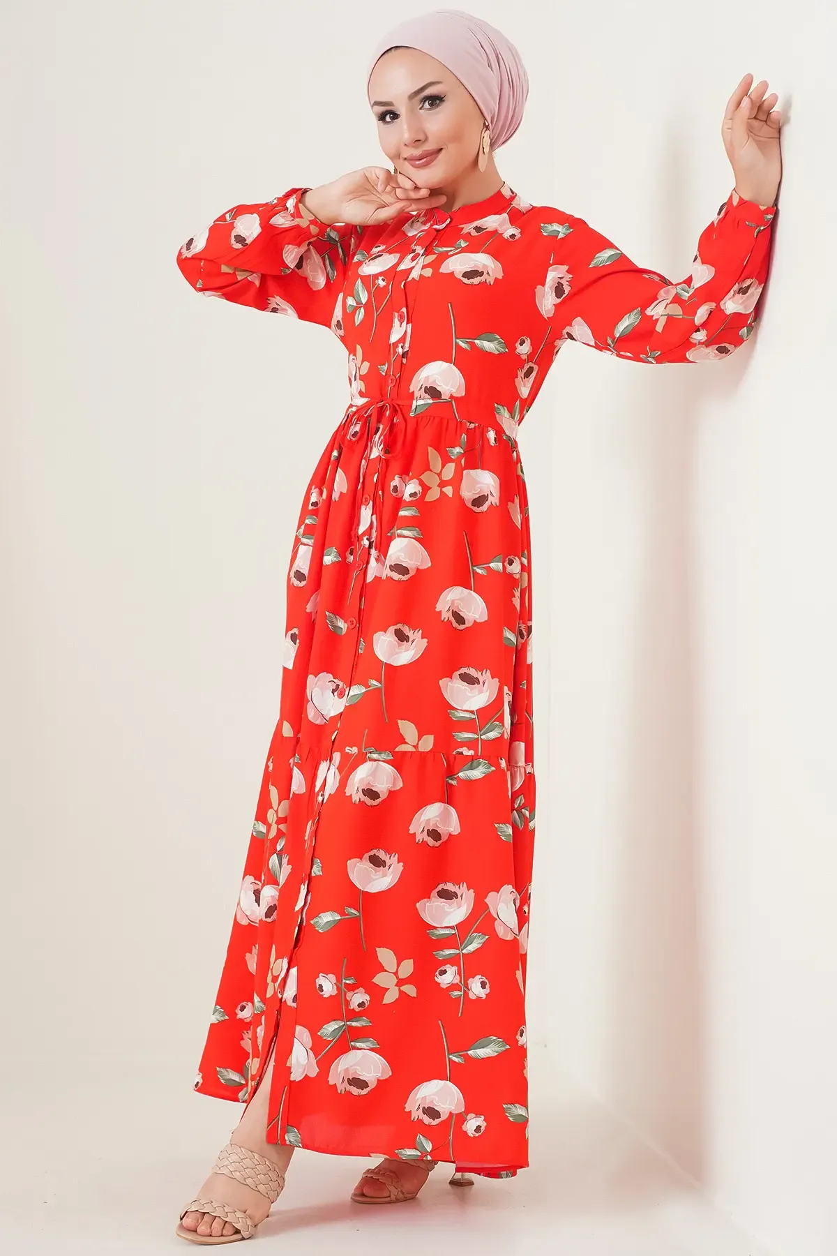 2144 Hakim Yaka Tesettür Elbise - C.Kırmızı