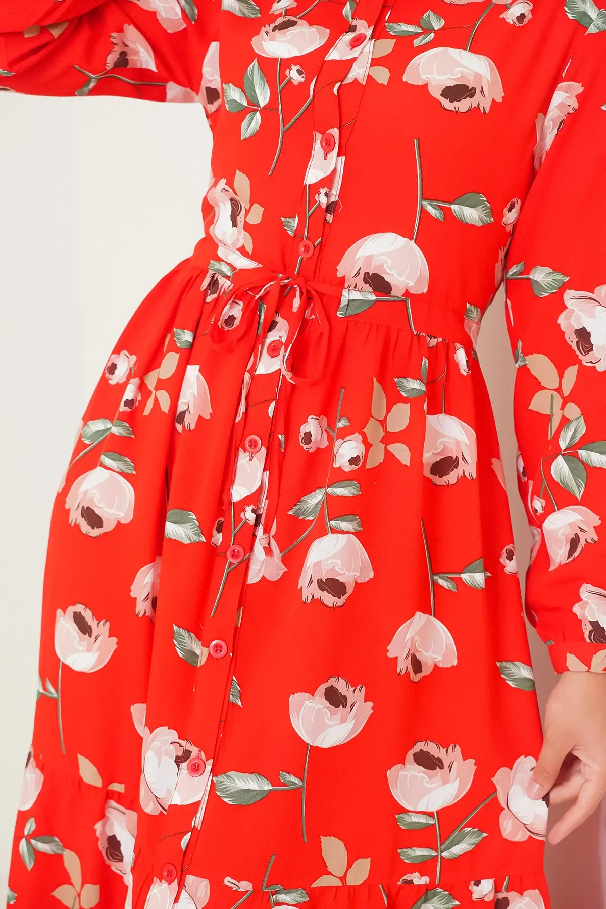 2144 Hakim Yaka Tesettür Elbise - C.Kırmızı