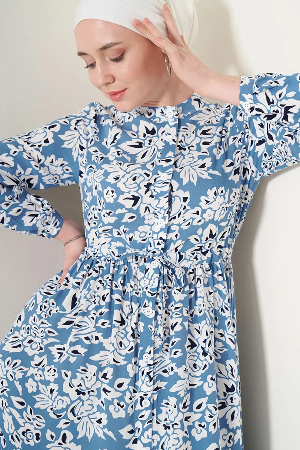 2144 Hakim Yaka Tesettür Elbise - Mavi