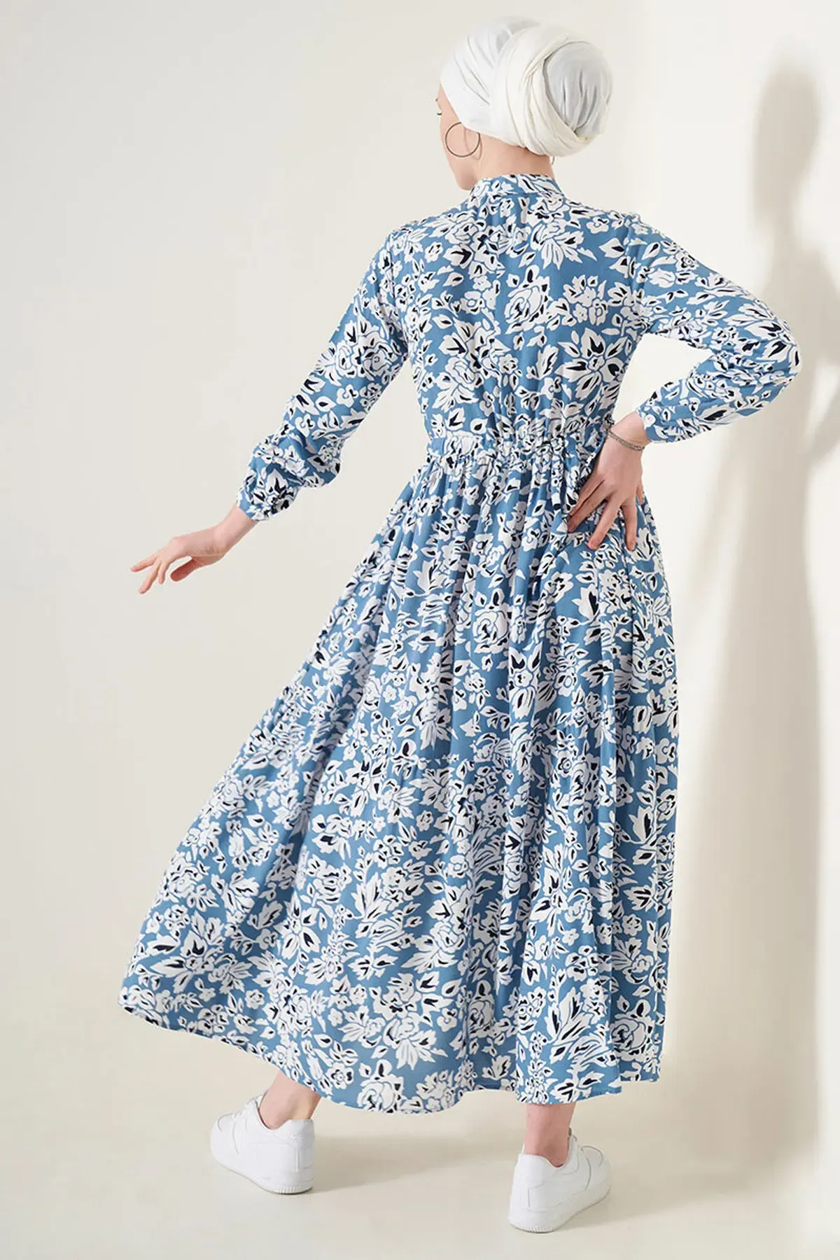 2144 Hakim Yaka Tesettür Elbise - Mavi