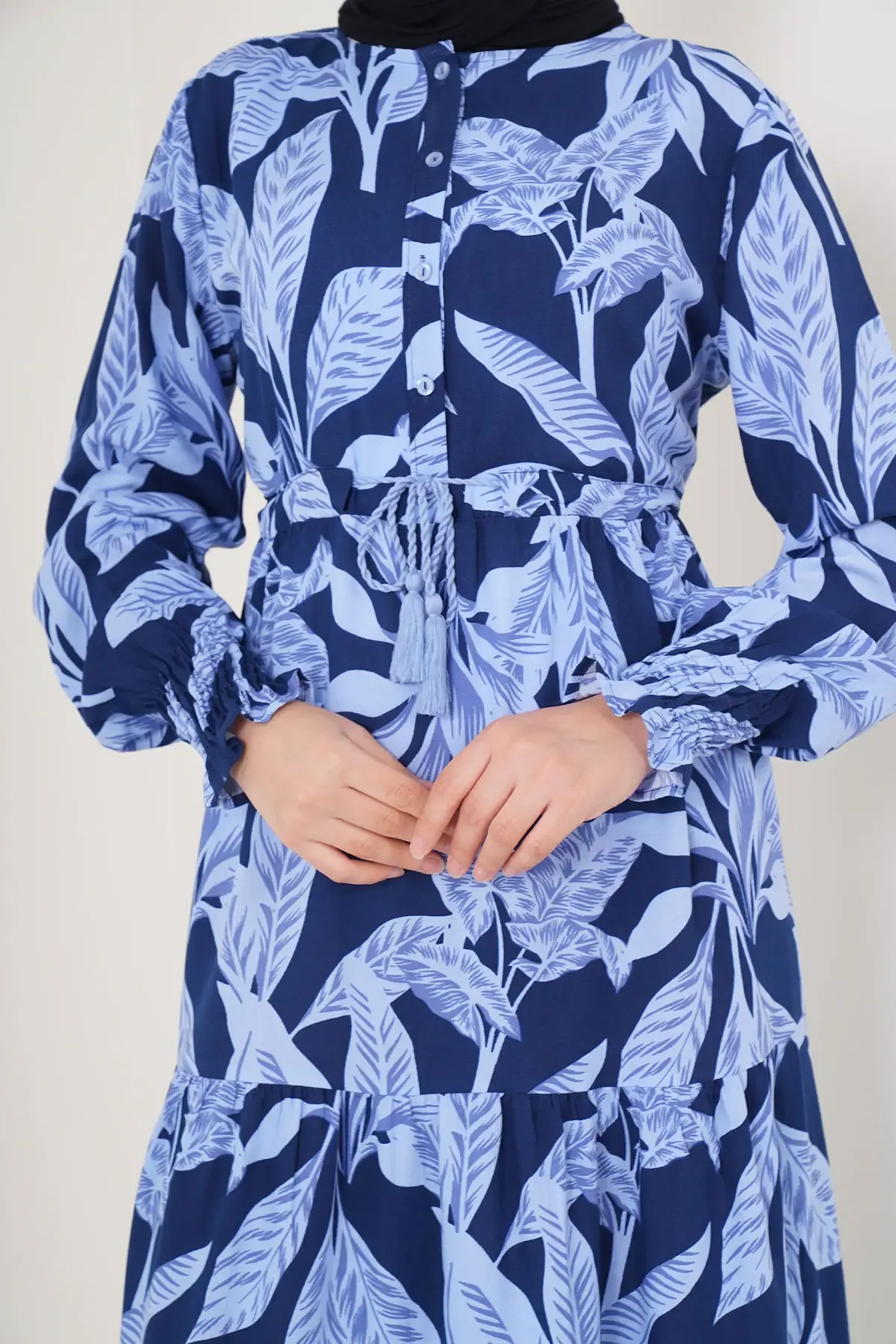 2145 Desenli Tesettür Elbise - A.Lacivert