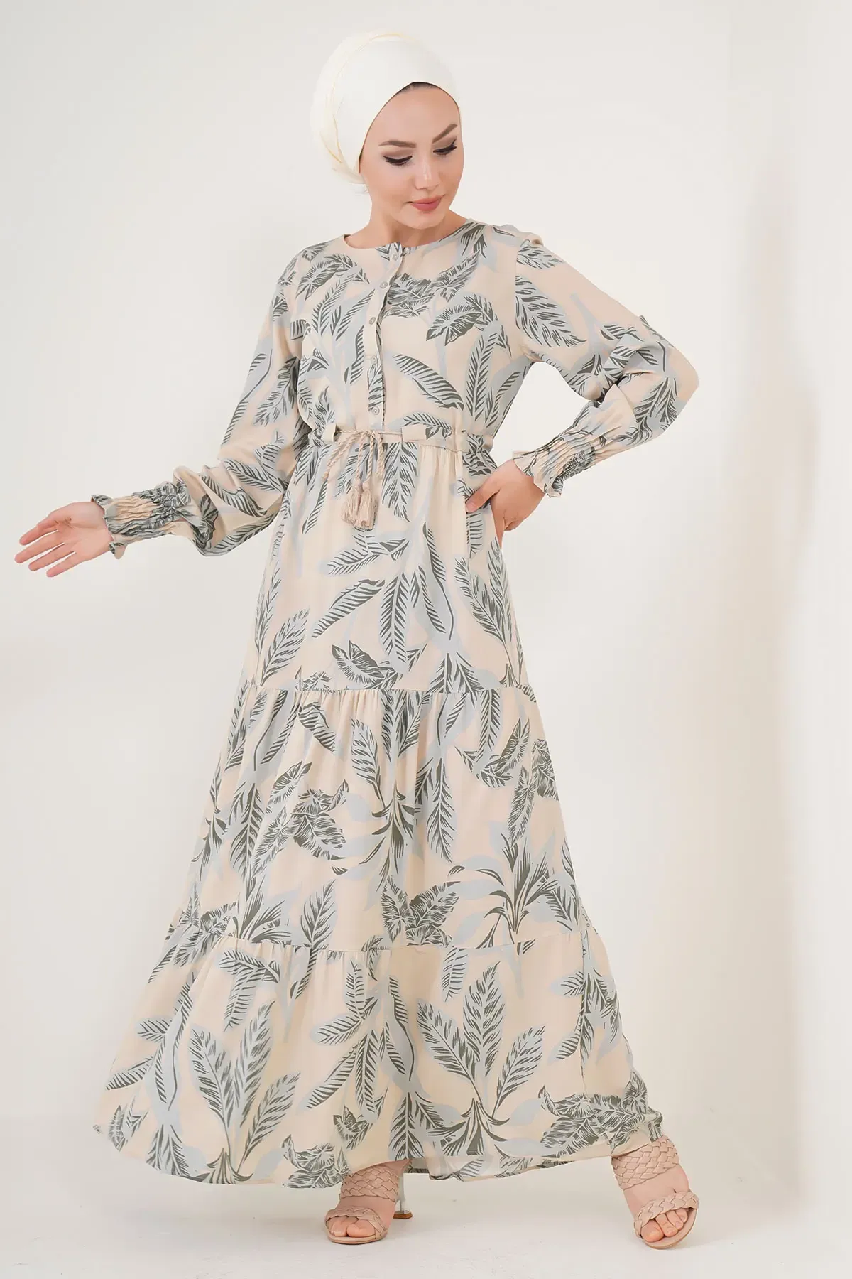 2145 Desenli Tesettür Elbise - Bej