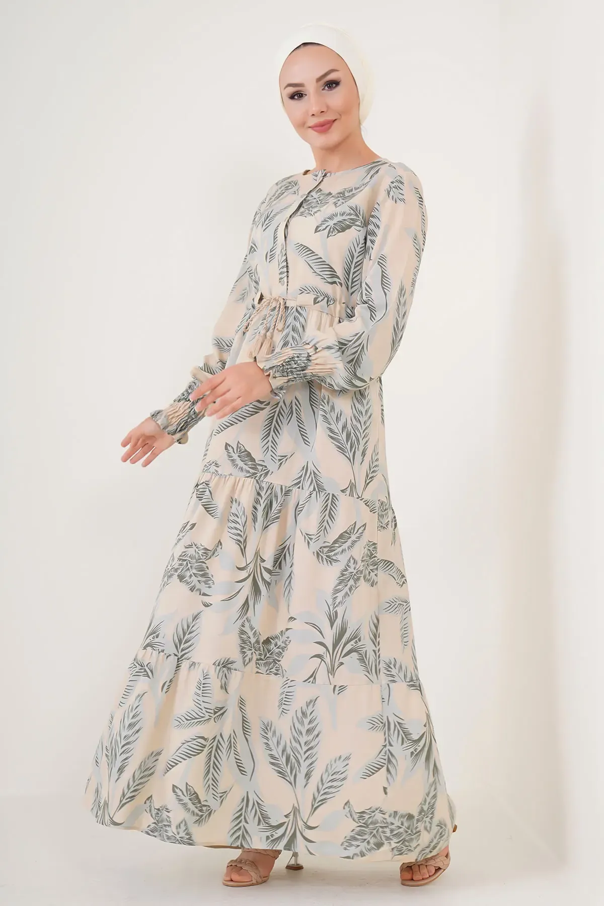 2145 Desenli Tesettür Elbise - Bej