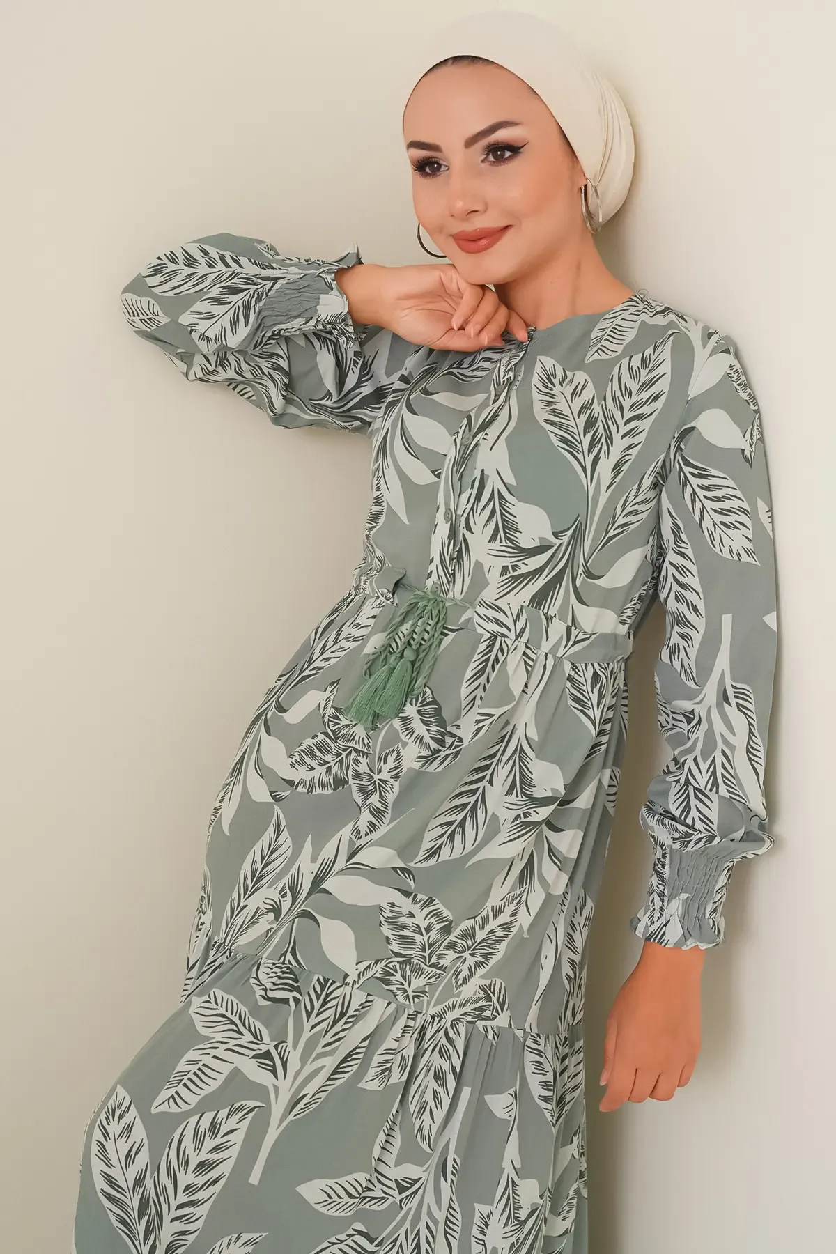 2145 Desenli Tesettür Elbise - Çağla