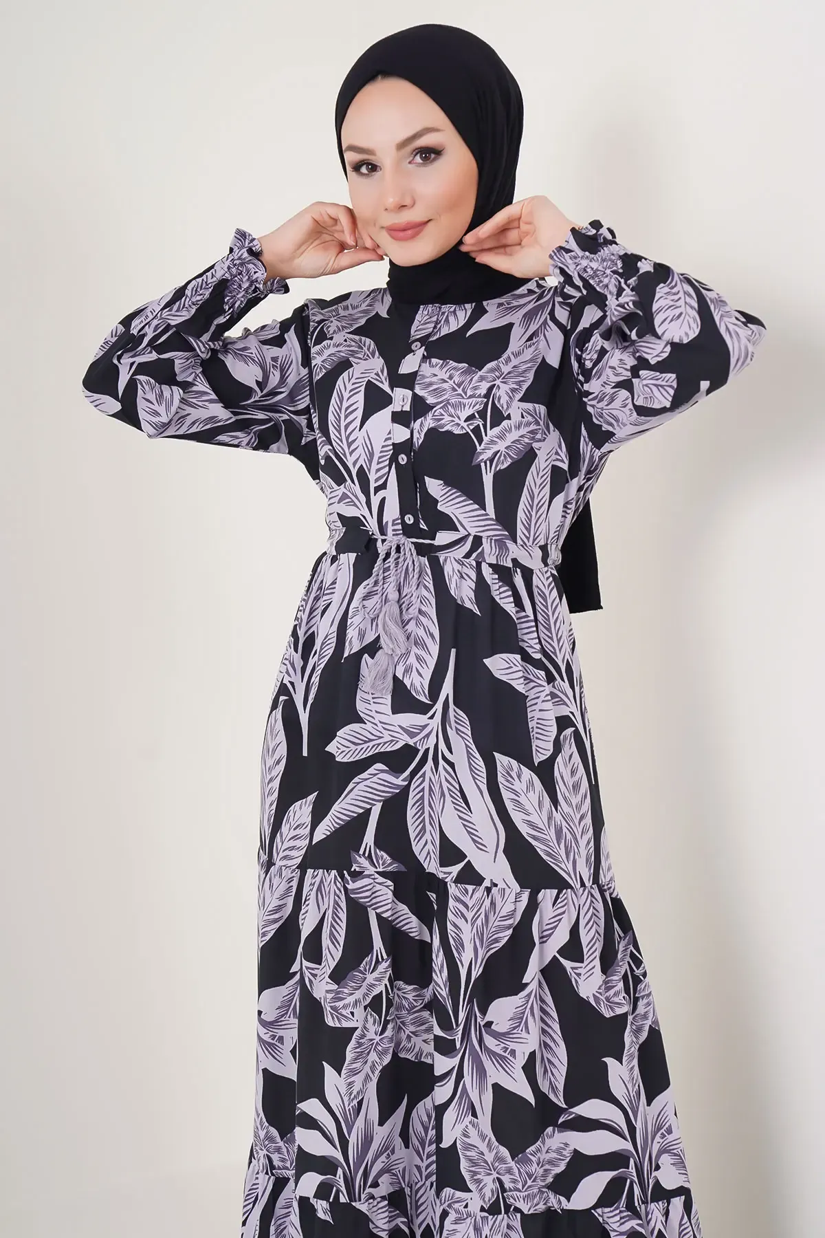 2145 Desenli Tesettür Elbise - D. Siyah