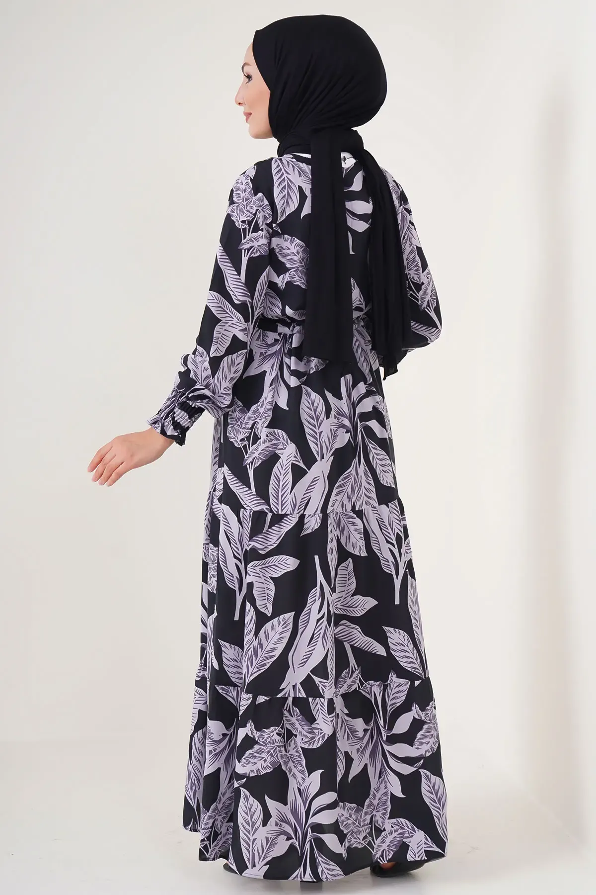 2145 Desenli Tesettür Elbise - D. Siyah