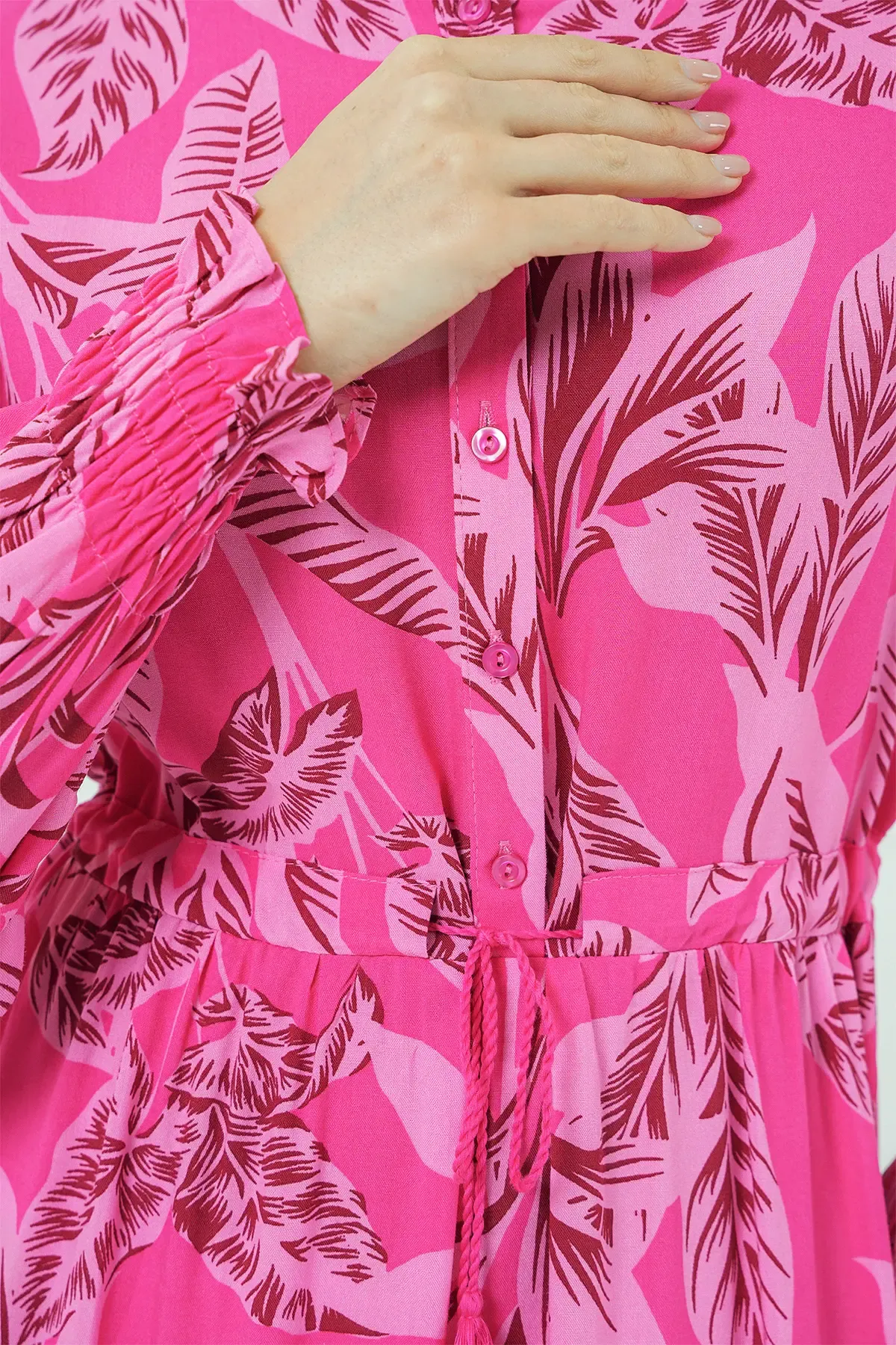 2145 Desenli Tesettür Elbise - Fuşya