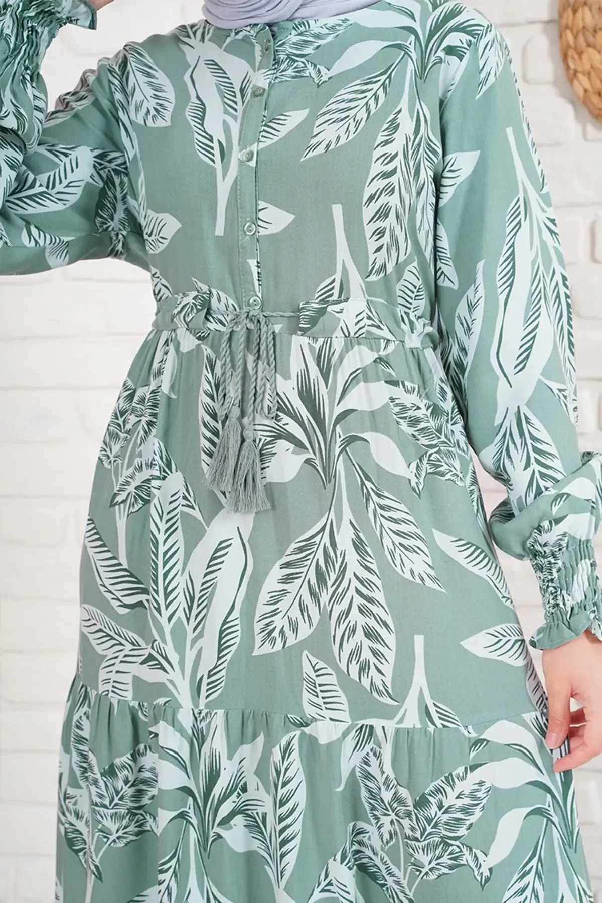 2145 Desenli Tesettür Elbise - Haki