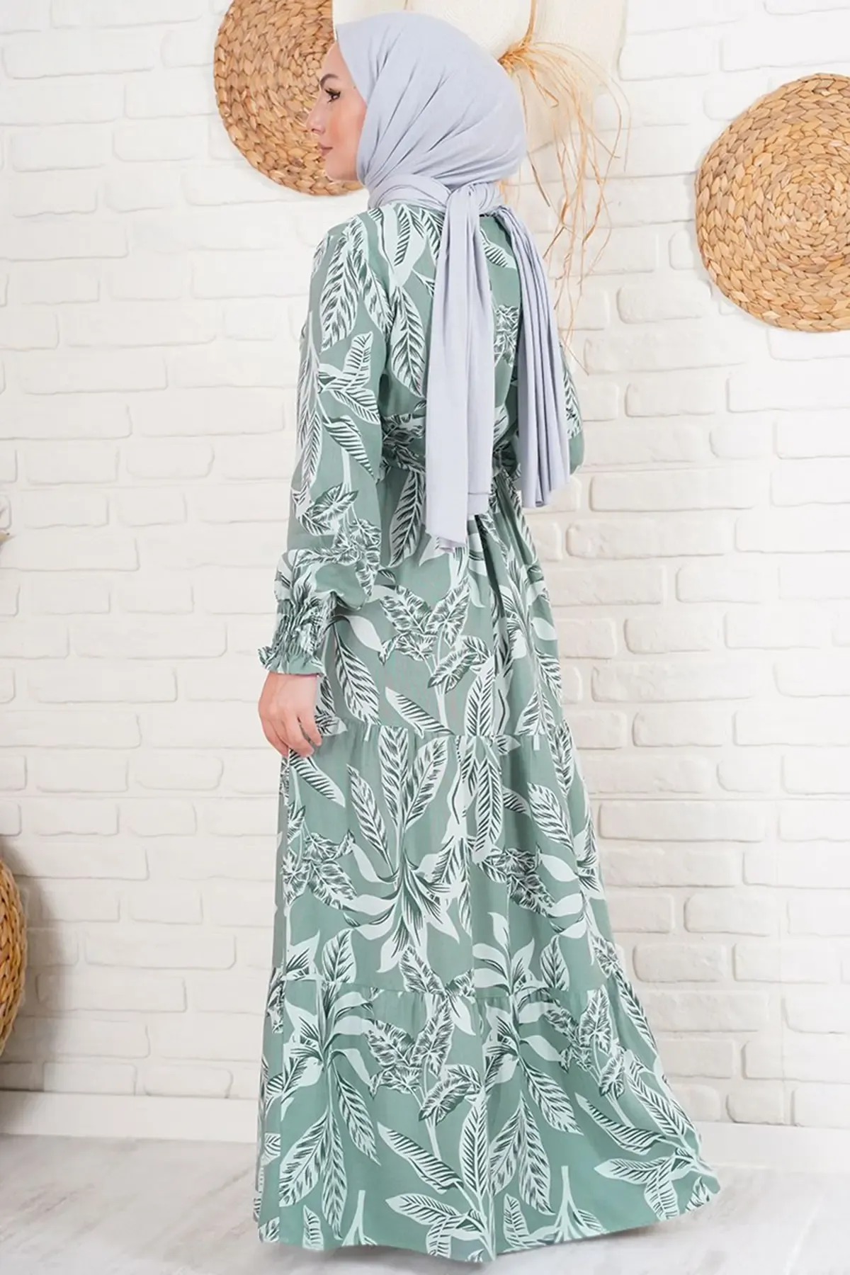 2145 Desenli Tesettür Elbise - Haki