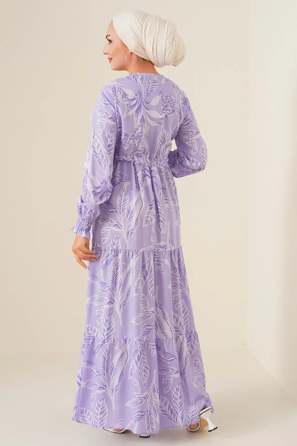 2145 Desenli Tesettür Elbise - Lila