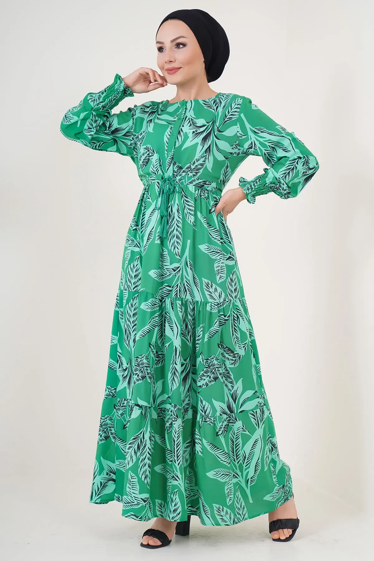 2145 Desenli Tesettür Elbise - Yeşil