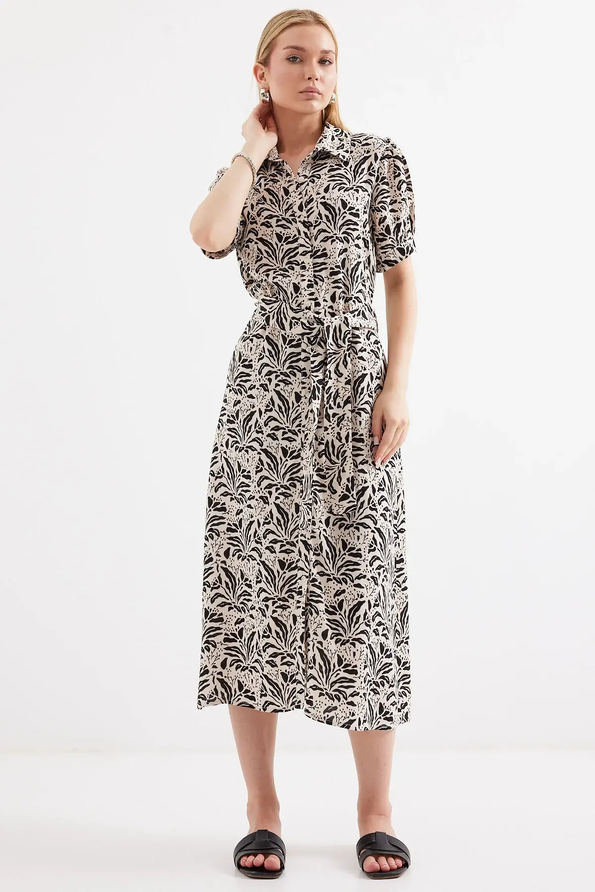 2213 Kısa Kol Viskon Elbise - C.Siyah