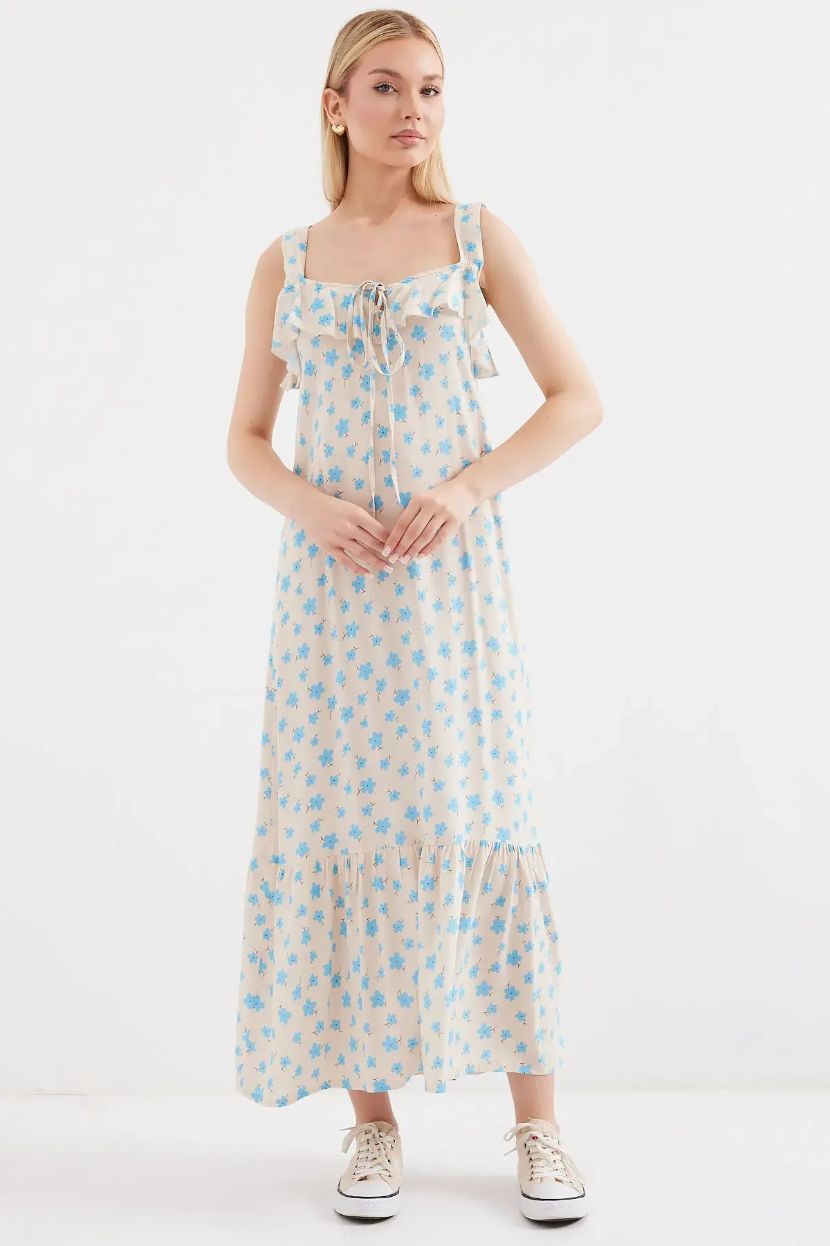 2237 Desenli Askılı Viskon Elbise - Mavi