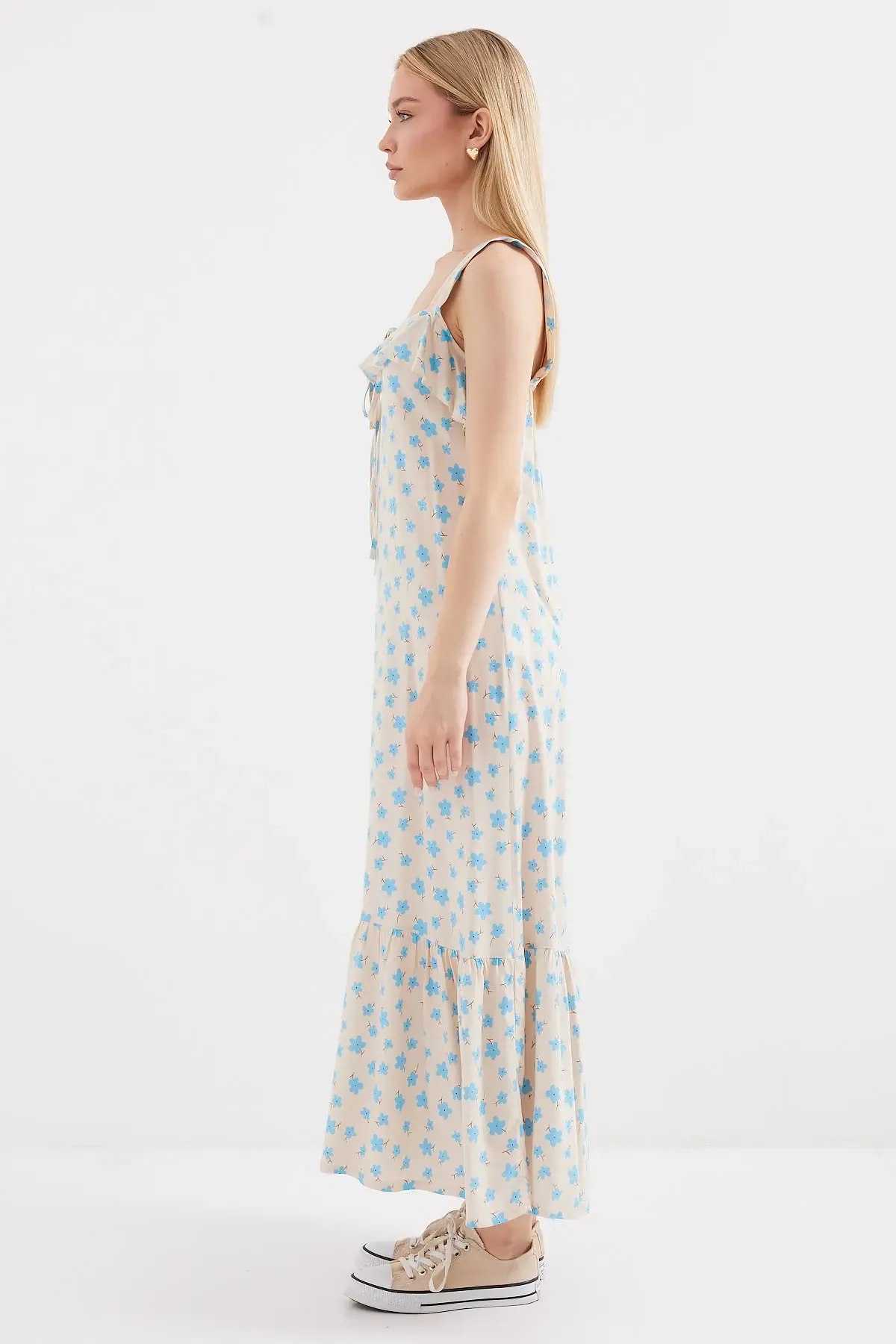 2237 Desenli Askılı Viskon Elbise - Mavi