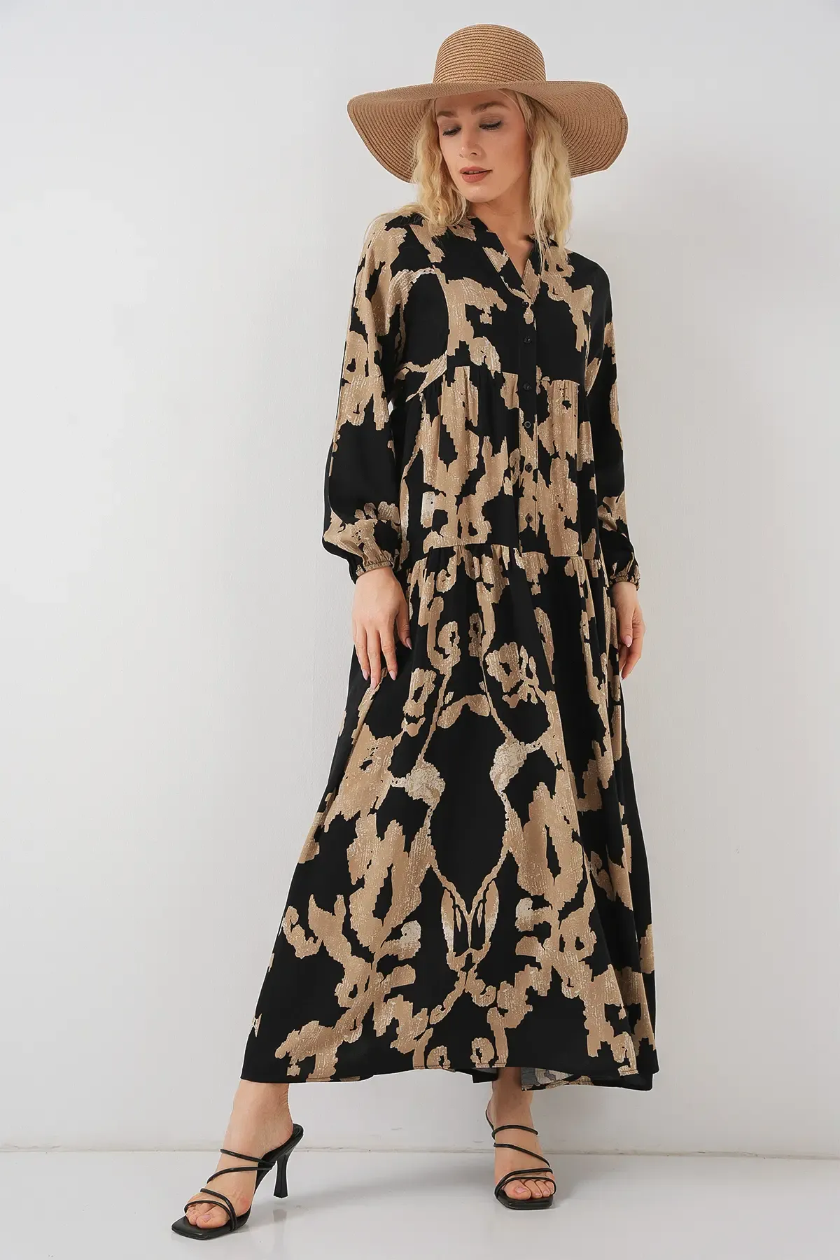 2423 Otantik Desenli Tesettür Elbise - A.Bej