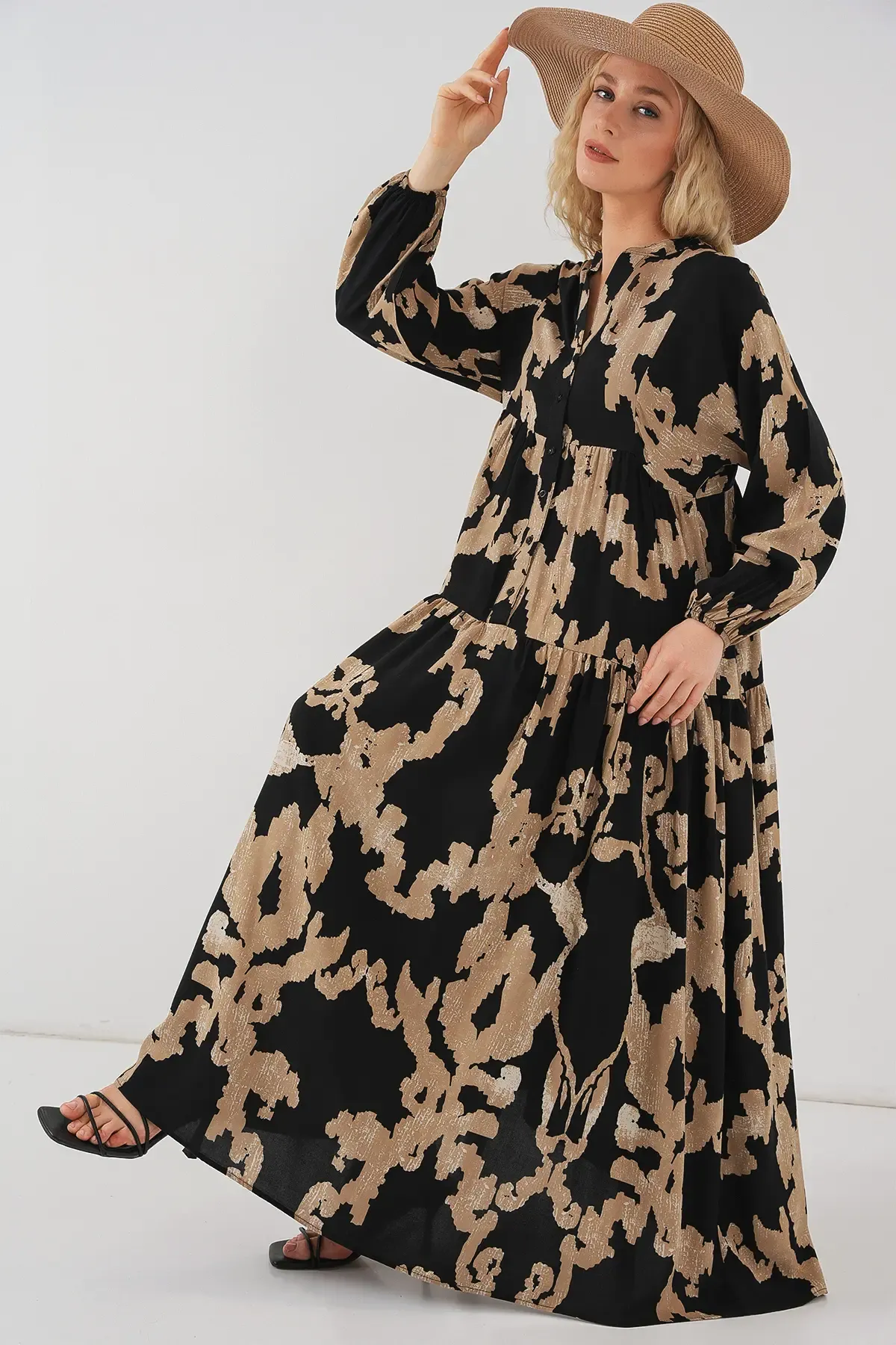 2423 Otantik Desenli Tesettür Elbise - A.Bej