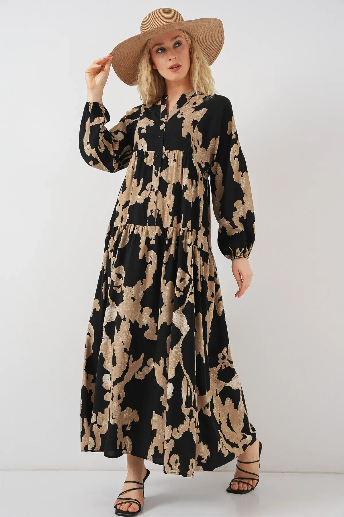 2423 Otantik Desenli Tesettür Elbise - A.Bej