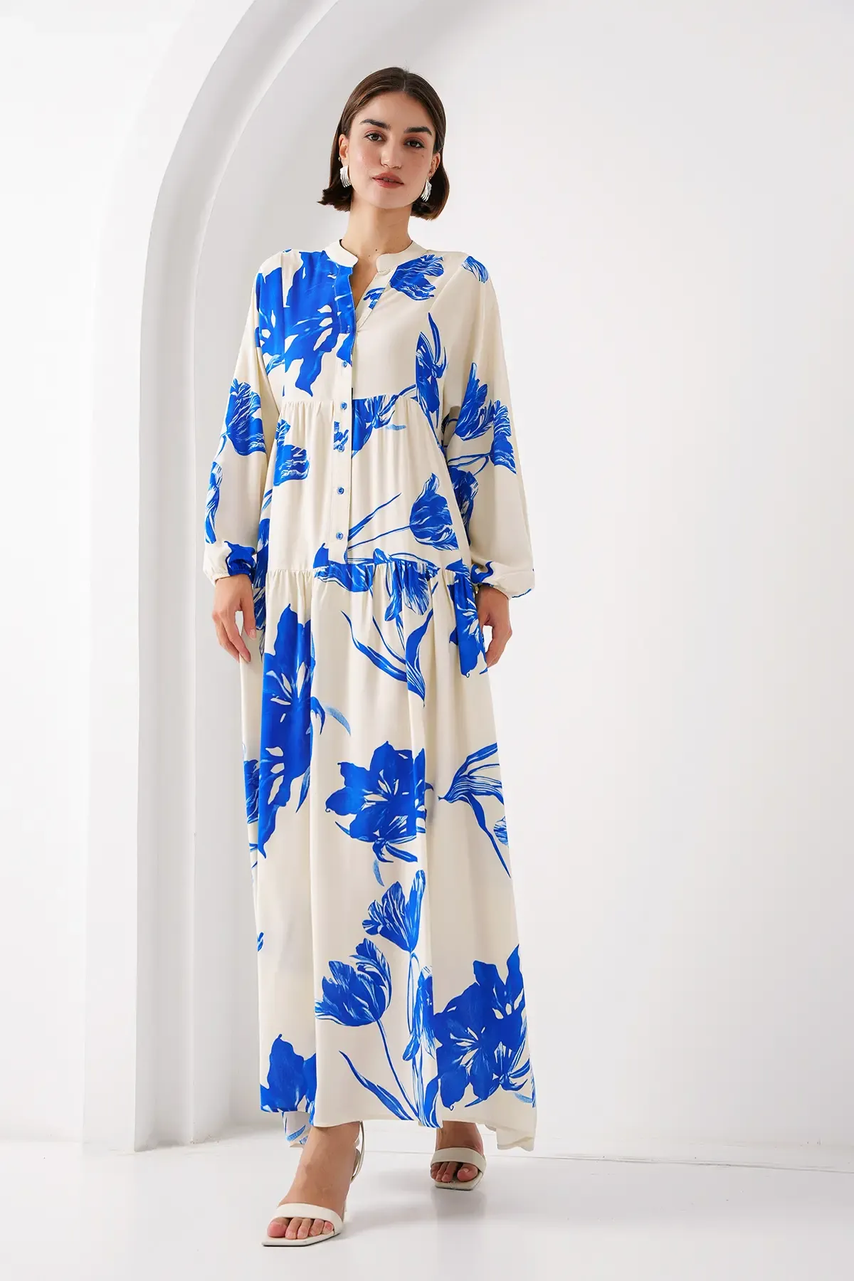 2423 Otantik Desenli Tesettür Elbise - A.Ekru