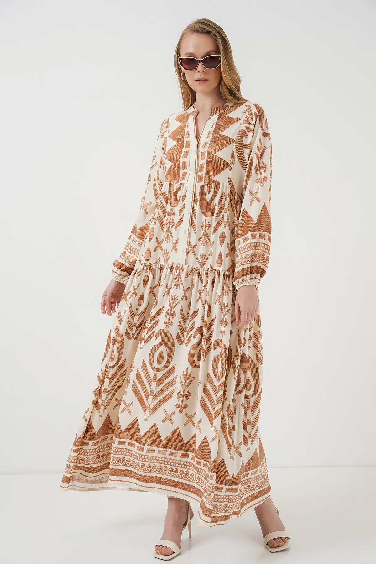 2423 Otantik Desenli Tesettür Elbise - B. Hardal