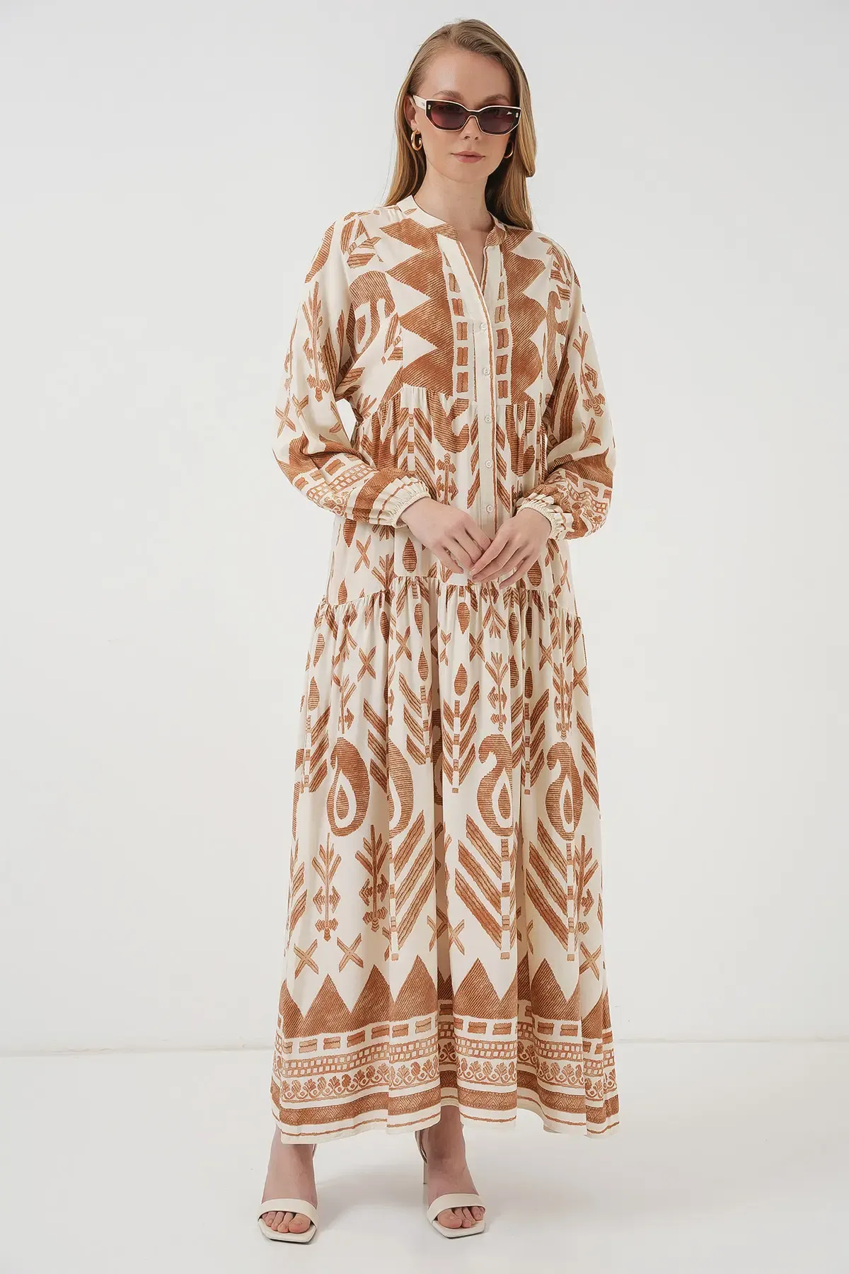 2423 Otantik Desenli Tesettür Elbise - B. Hardal