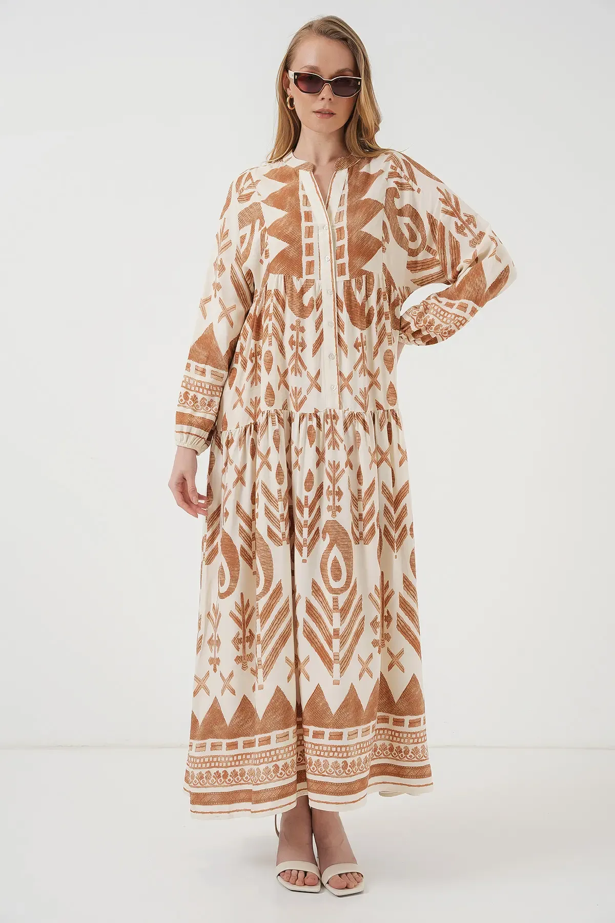 2423 Otantik Desenli Tesettür Elbise - B. Hardal