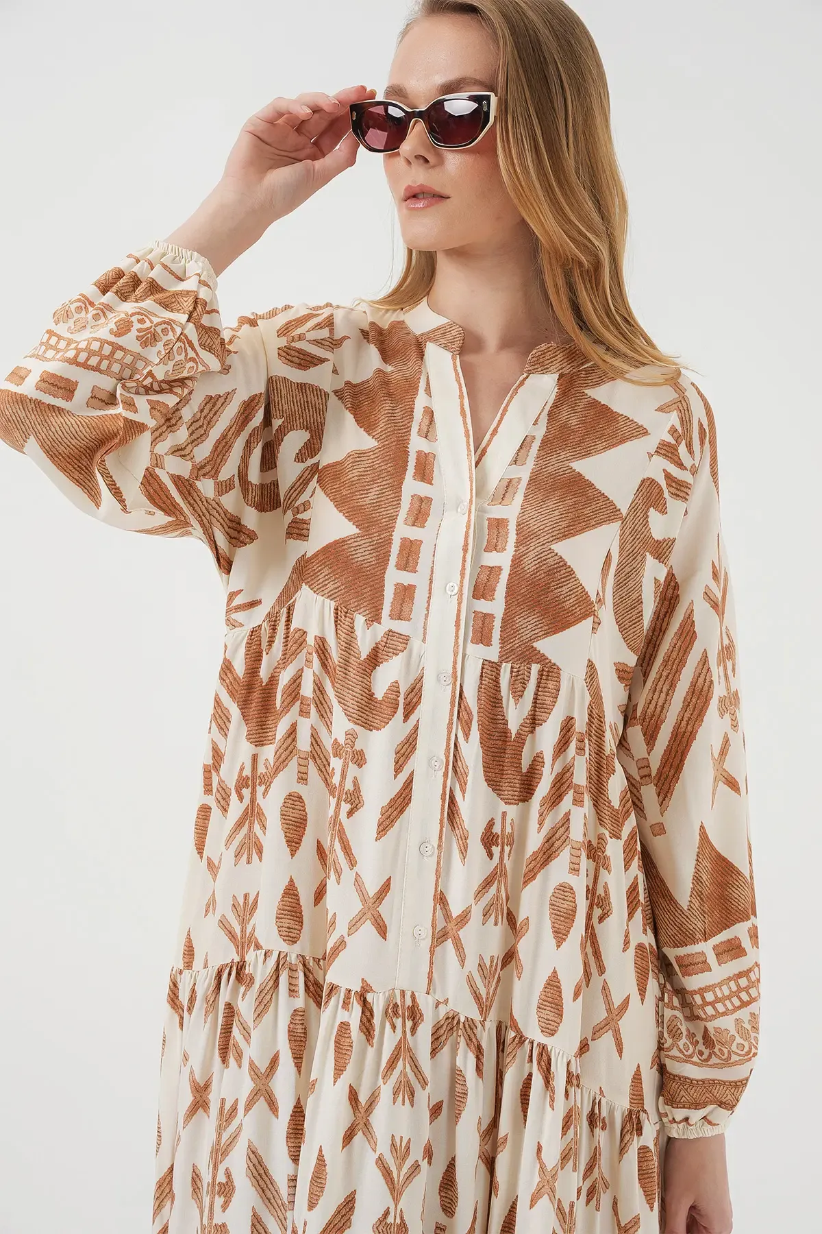 2423 Otantik Desenli Tesettür Elbise - B. Hardal