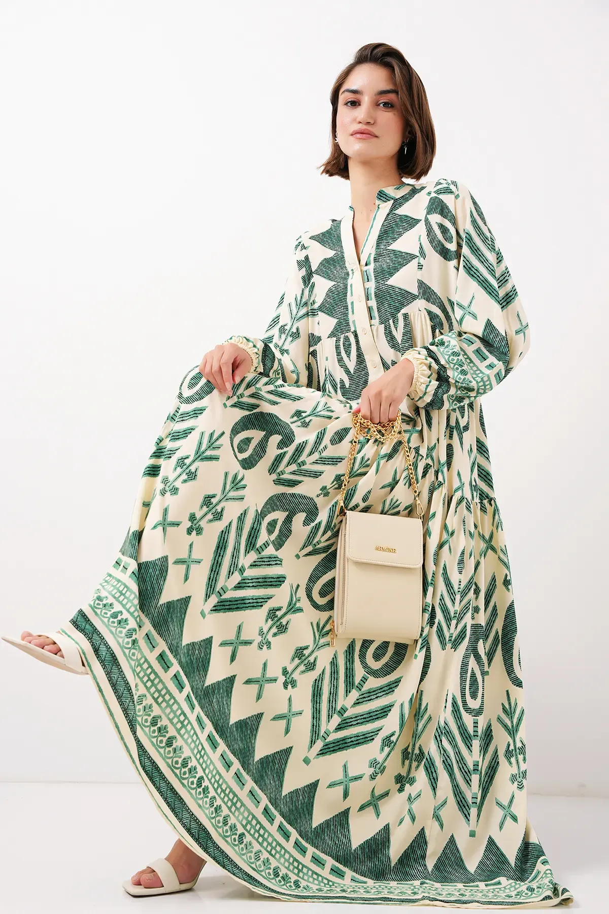 2423 Otantik Desenli Tesettür Elbise - B.Yeşil