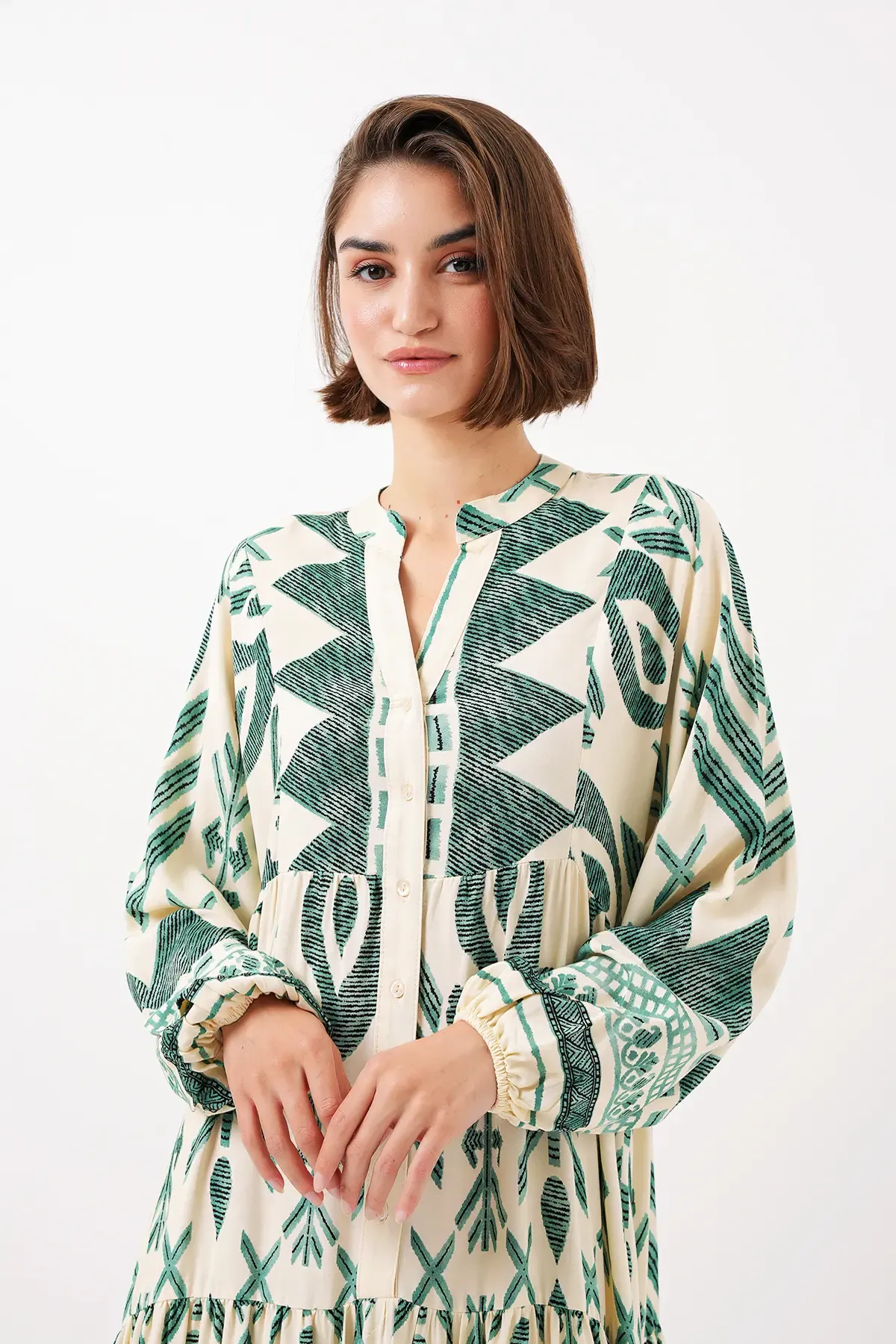 2423 Otantik Desenli Tesettür Elbise - B.Yeşil