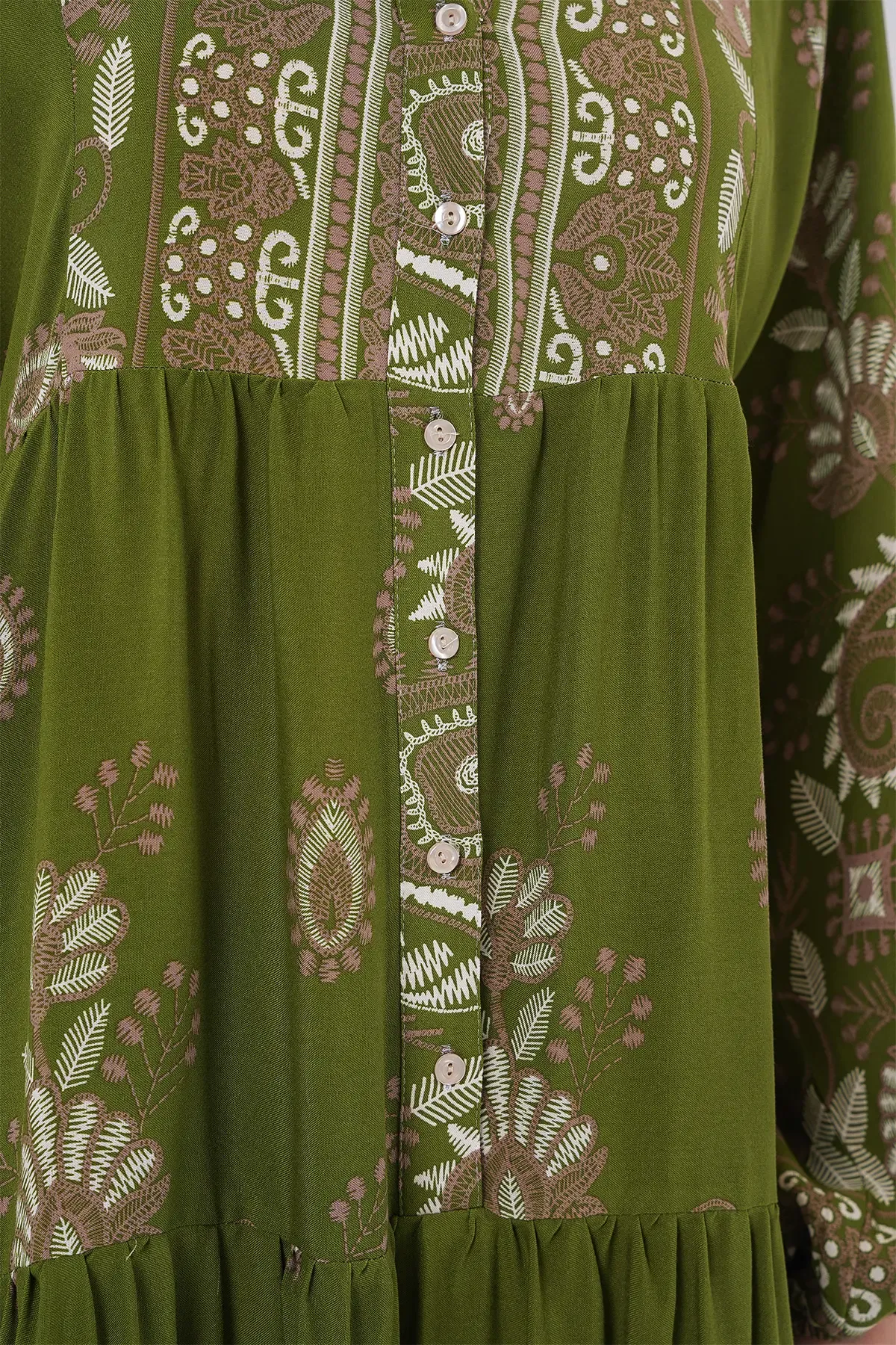 2423 Otantik Desenli Tesettür Elbise - D.Haki