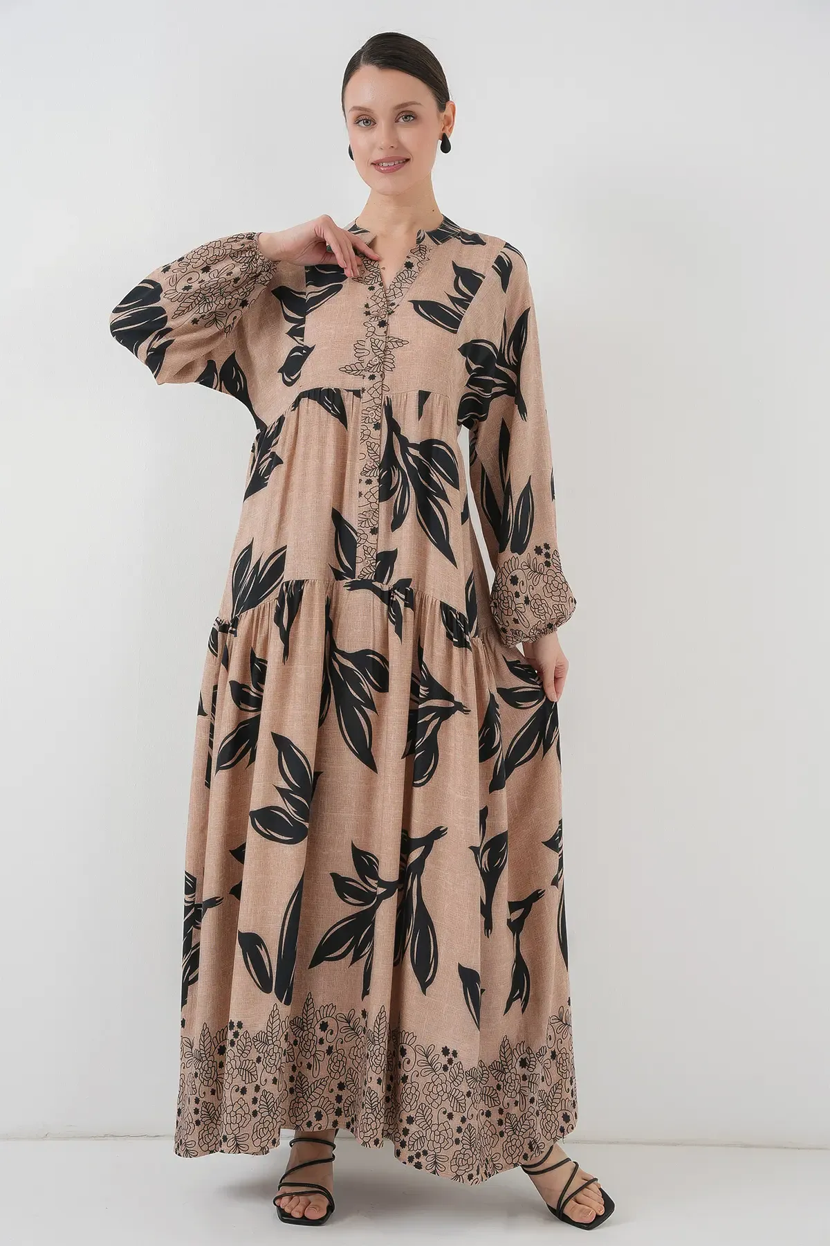 2423 Otantik Desenli Tesettür Elbise - D.Vizon