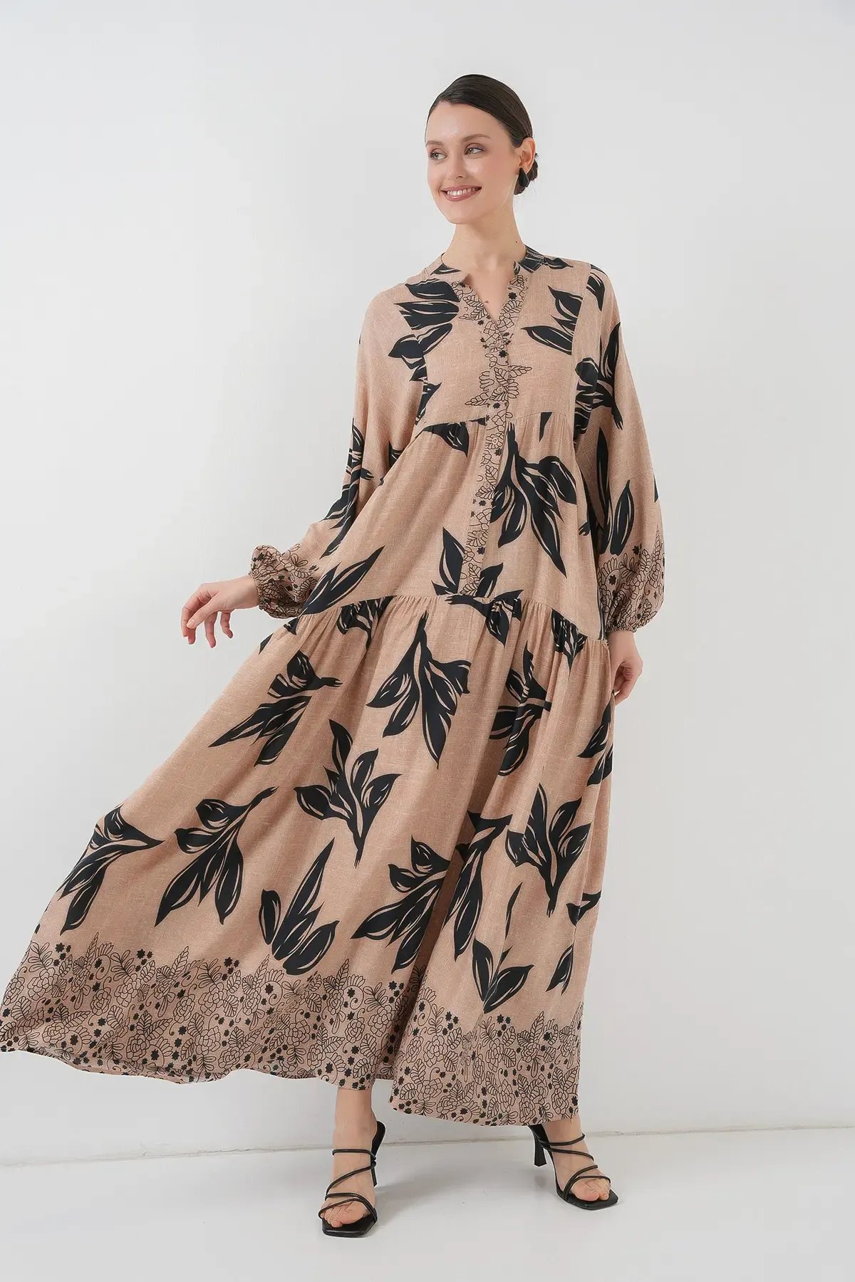 2423 Otantik Desenli Tesettür Elbise - D.Vizon