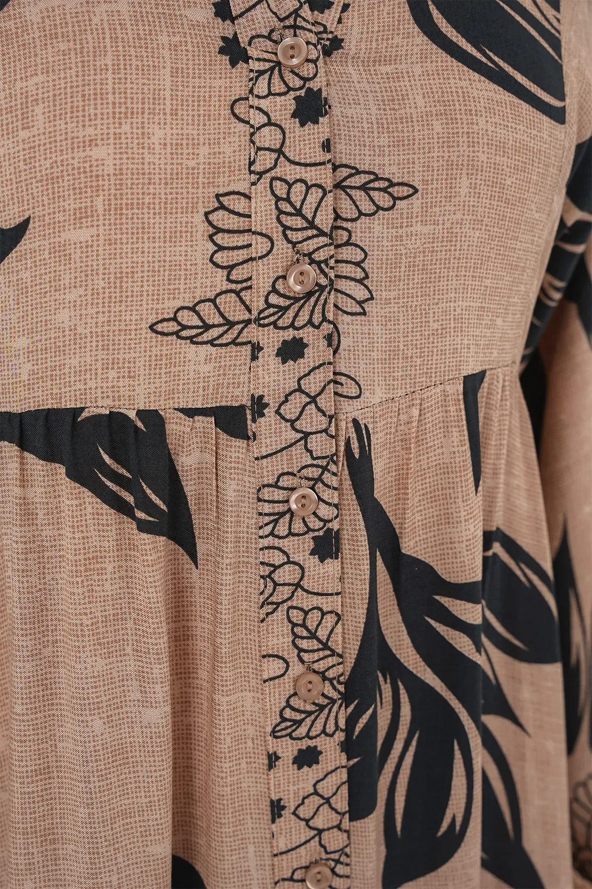 2423 Otantik Desenli Tesettür Elbise - D.Vizon