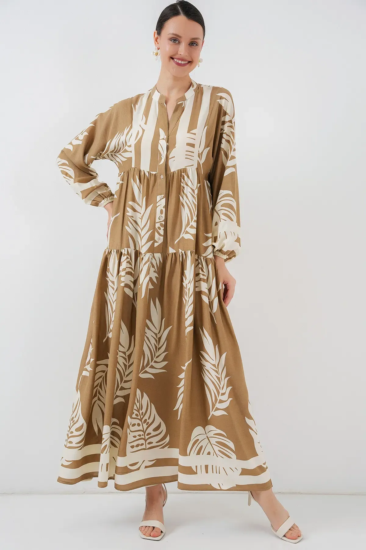 2423 Otantik Desenli Tesettür Elbise - F.Vizon