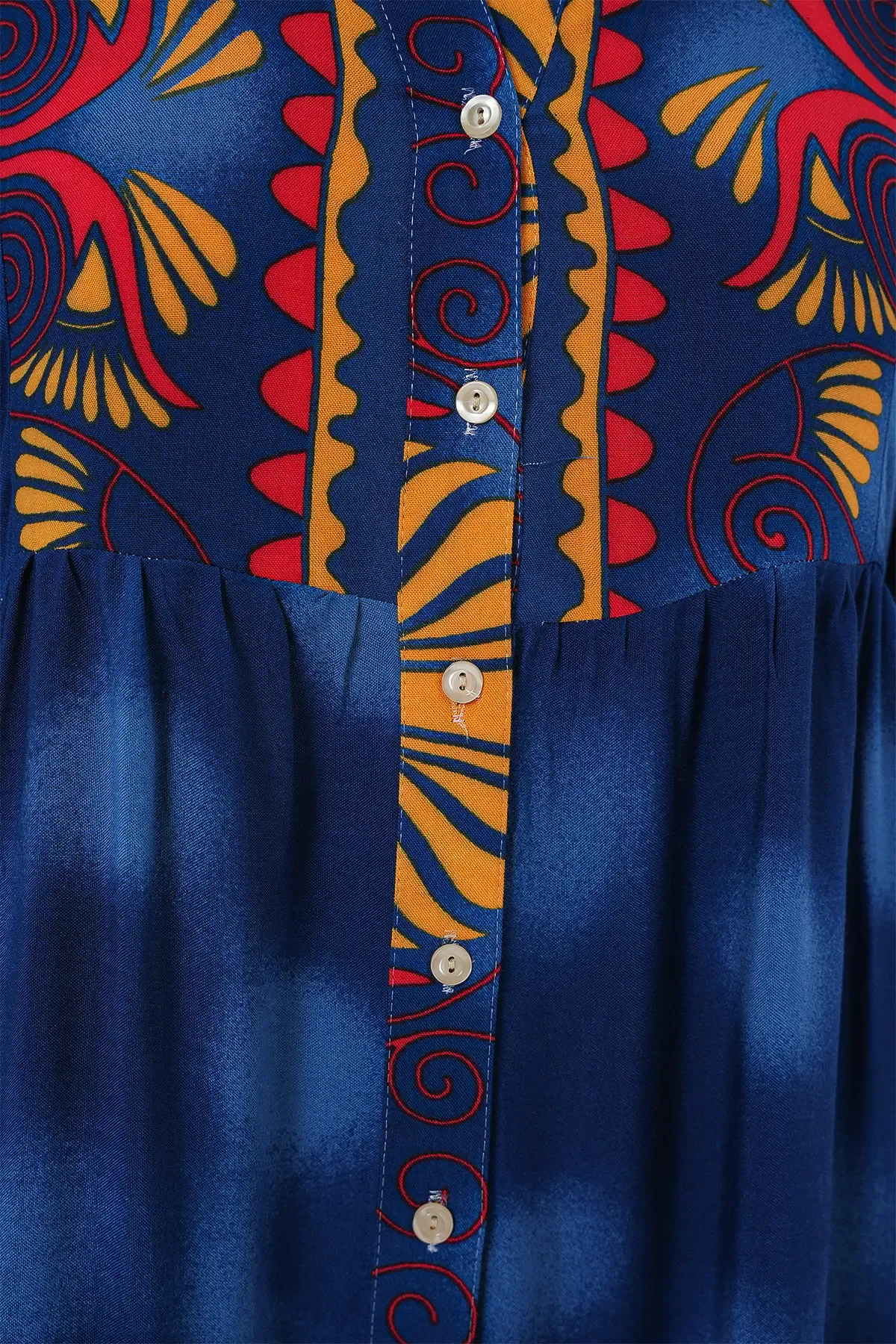 2423 Otantik Desenli Tesettür Elbise - Lacivert 5